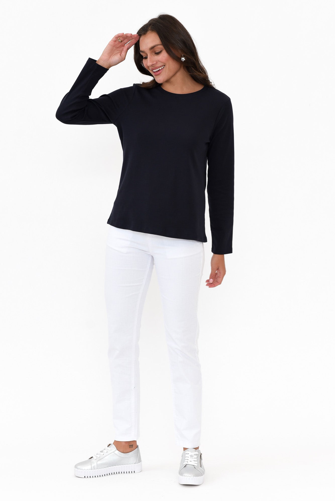 Porter Navy Cotton Long Sleeve Top