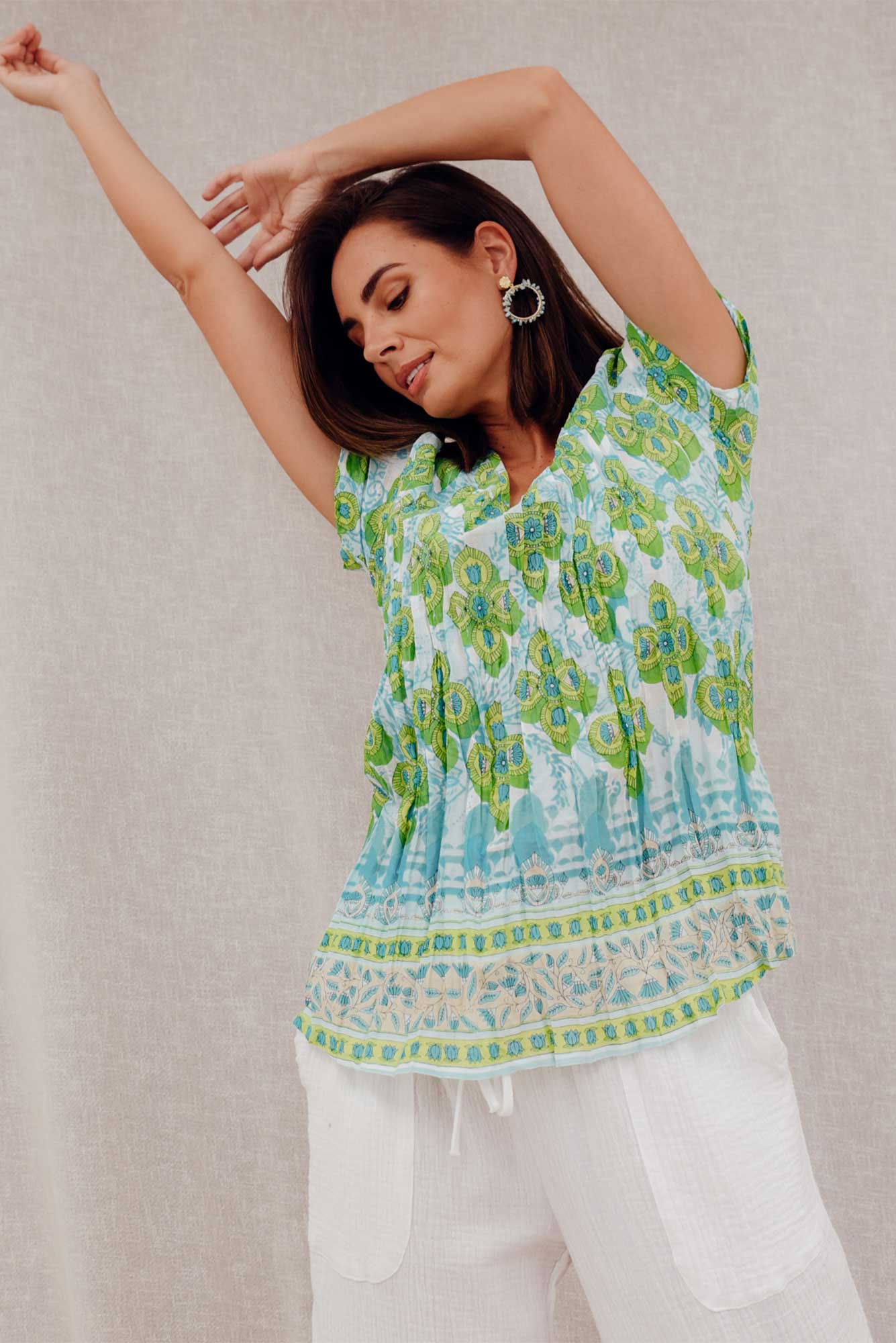 Fia Green Geo Cotton Top
