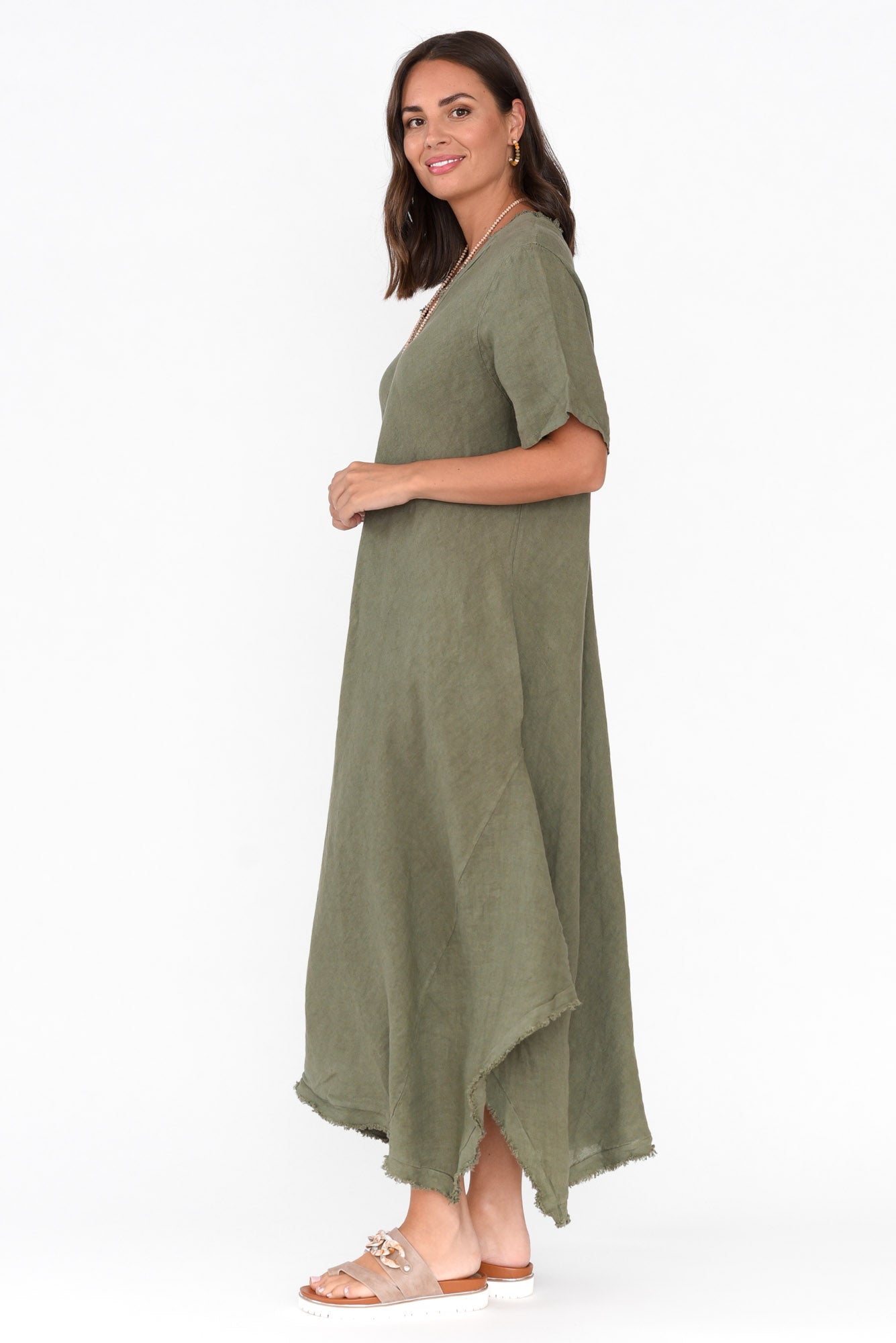 Lacasa Khaki Linen Frayed Dress