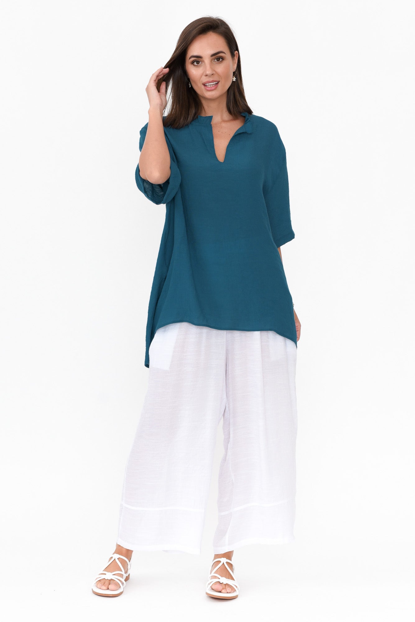 Gideon Teal Cotton Frill Top