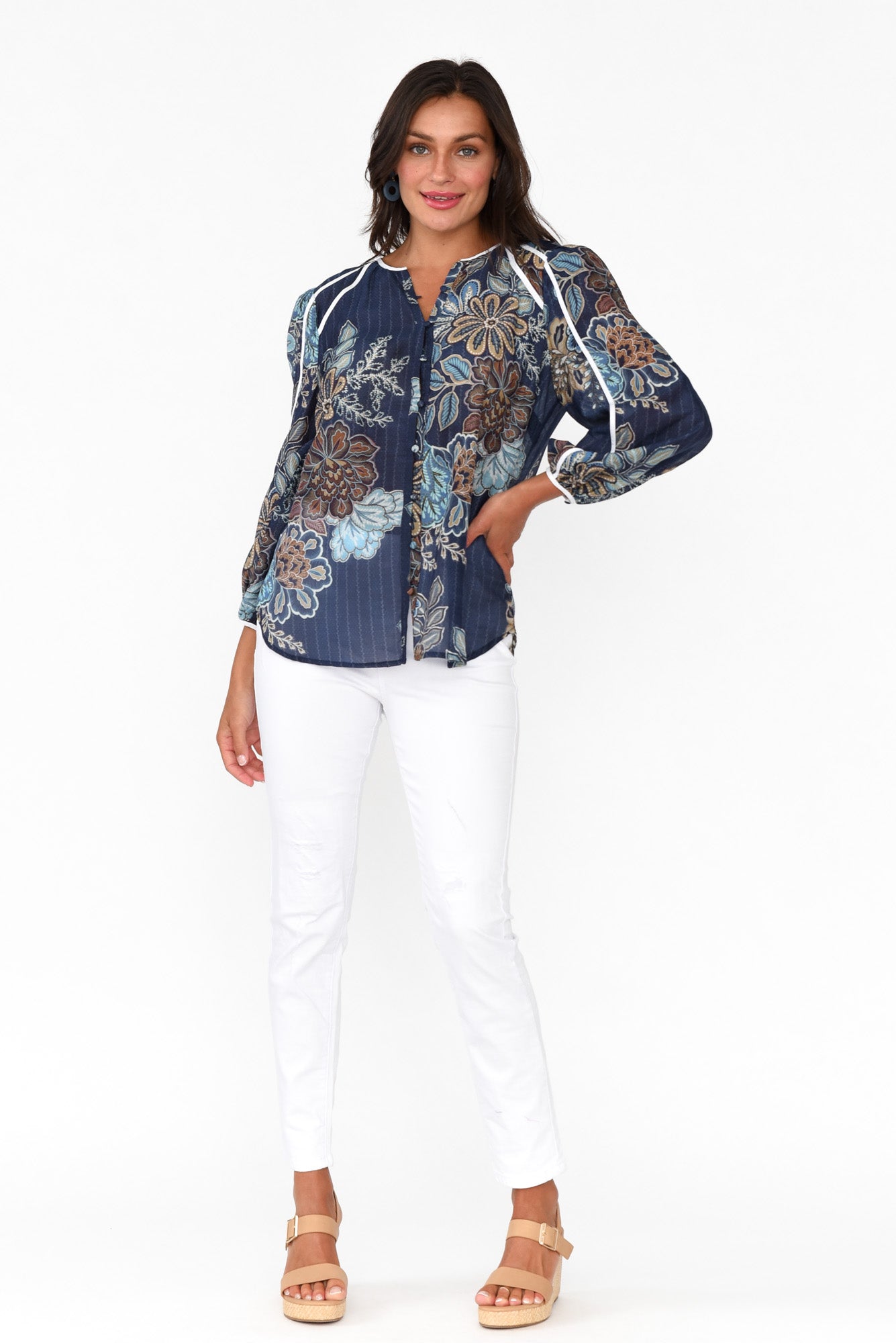 Gracia Navy Flower Cotton Silk Top