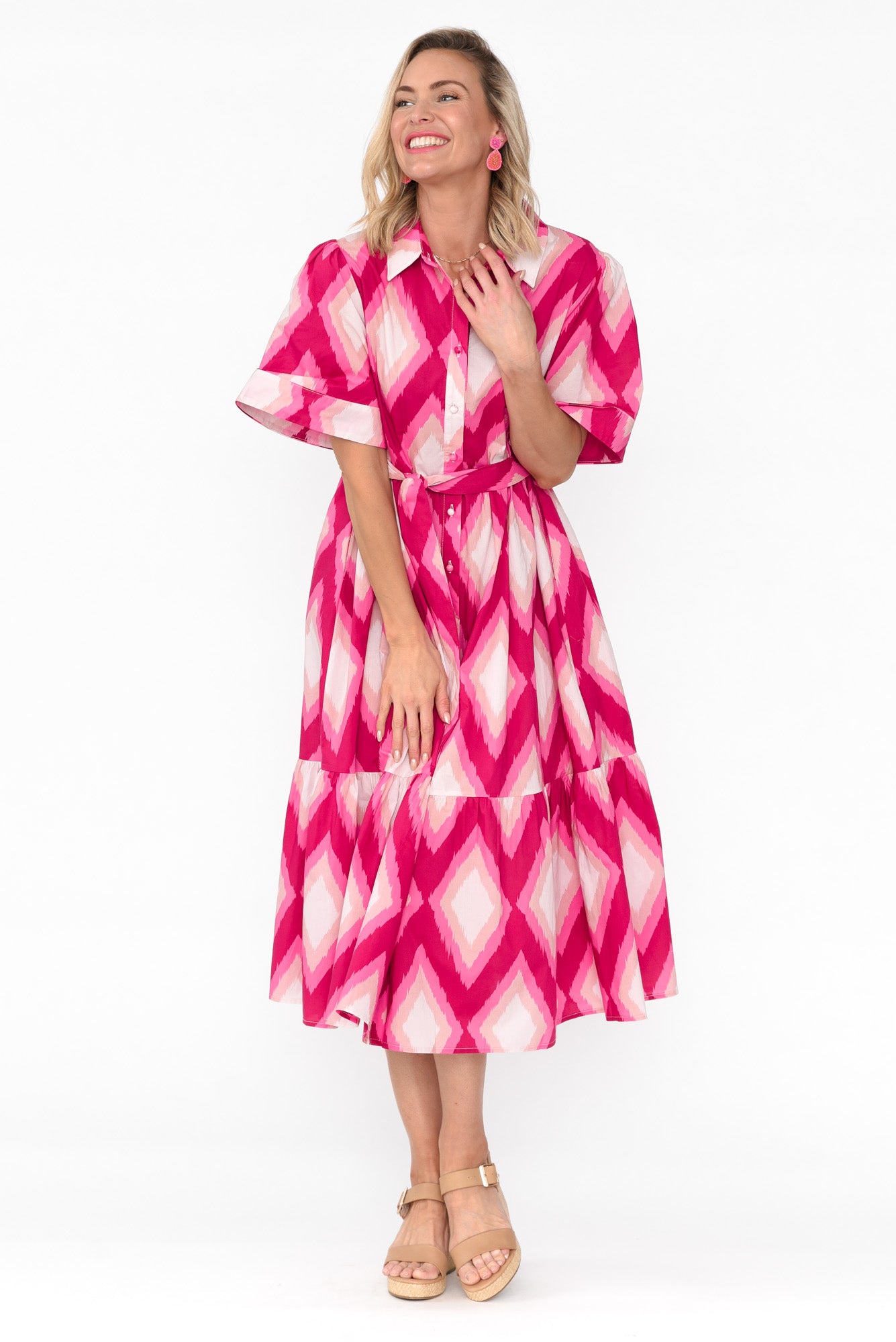 Ladonna Pink Geo Cotton Shirt Dress