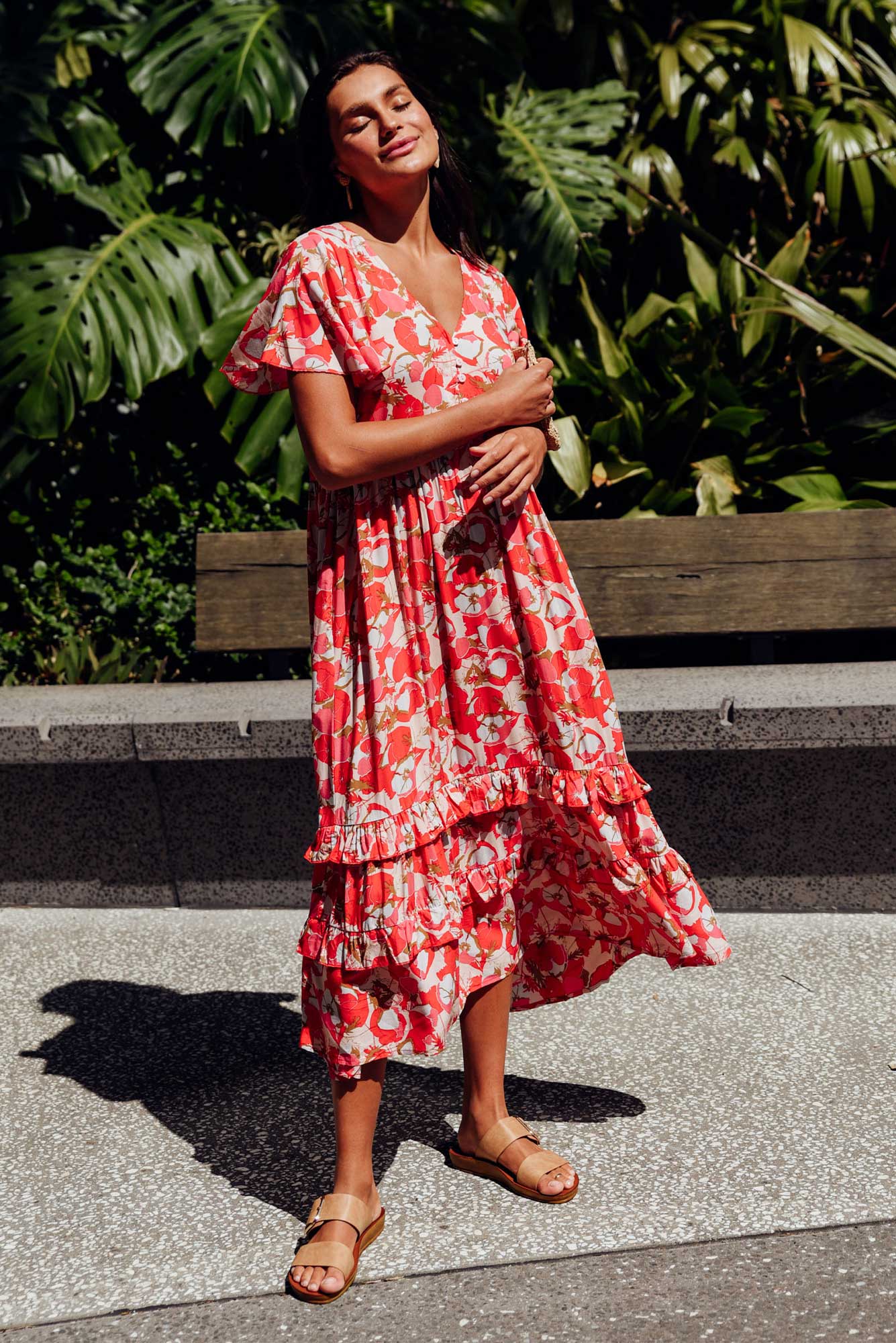 Akira Red Bloom Button Tier Dress