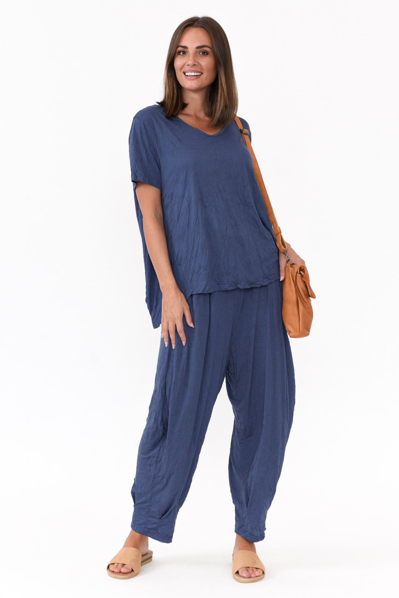 Marley Navy Crinkle Cotton Short Sleeve Top