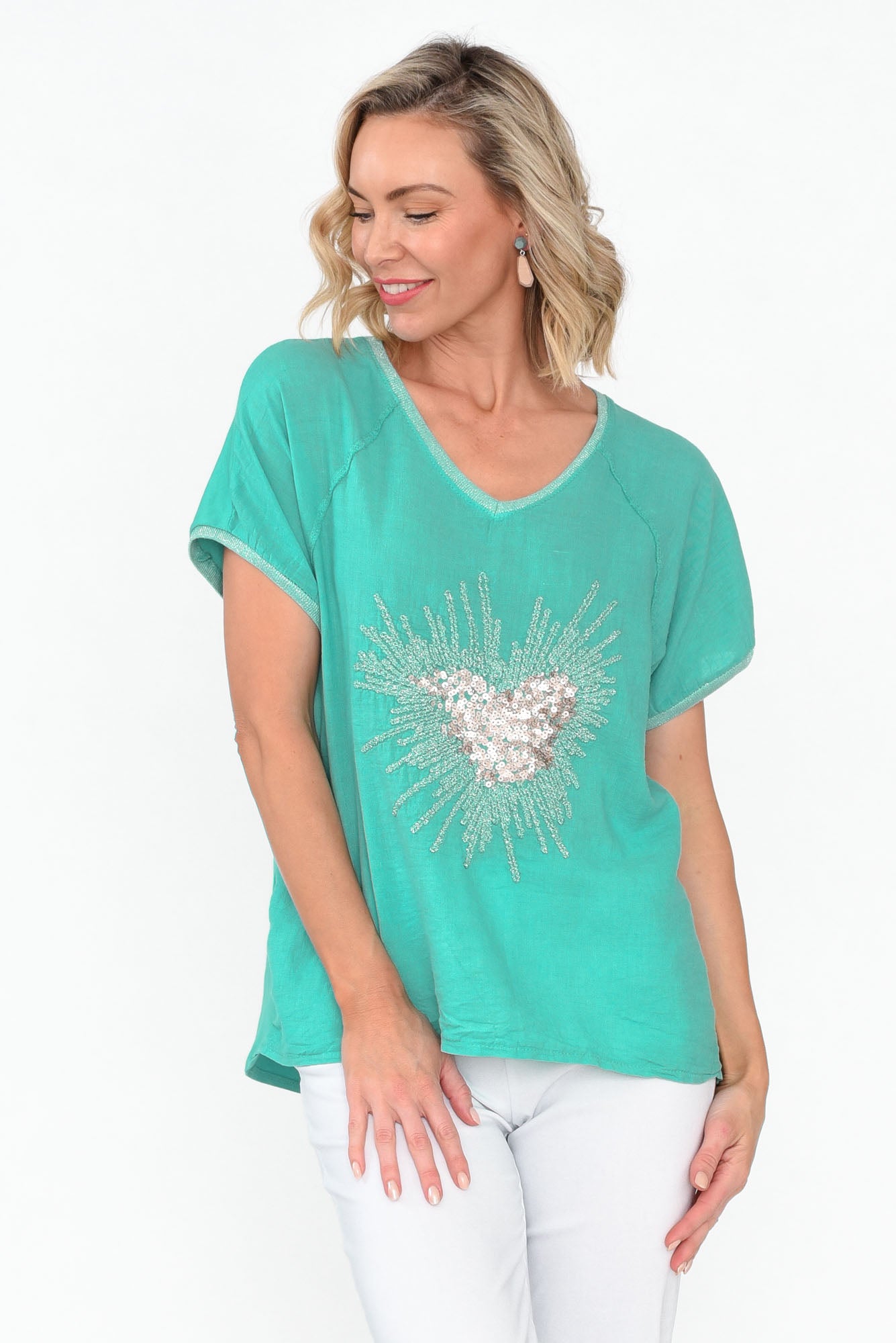 Candela Blue Sequin Heart Linen Top