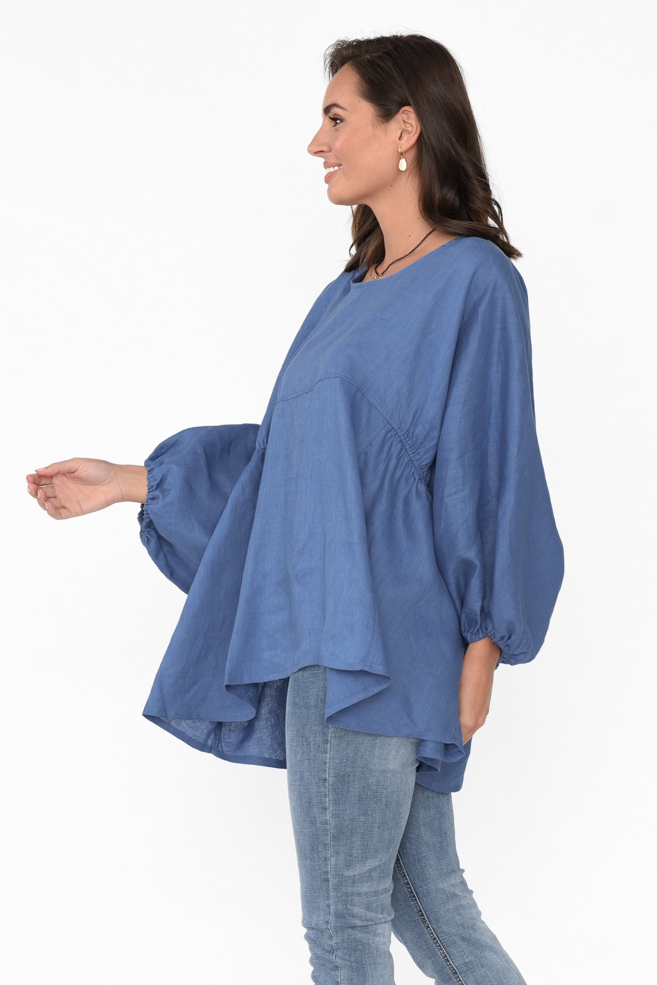 Darla Blue Gathered Sleeve Linen Top