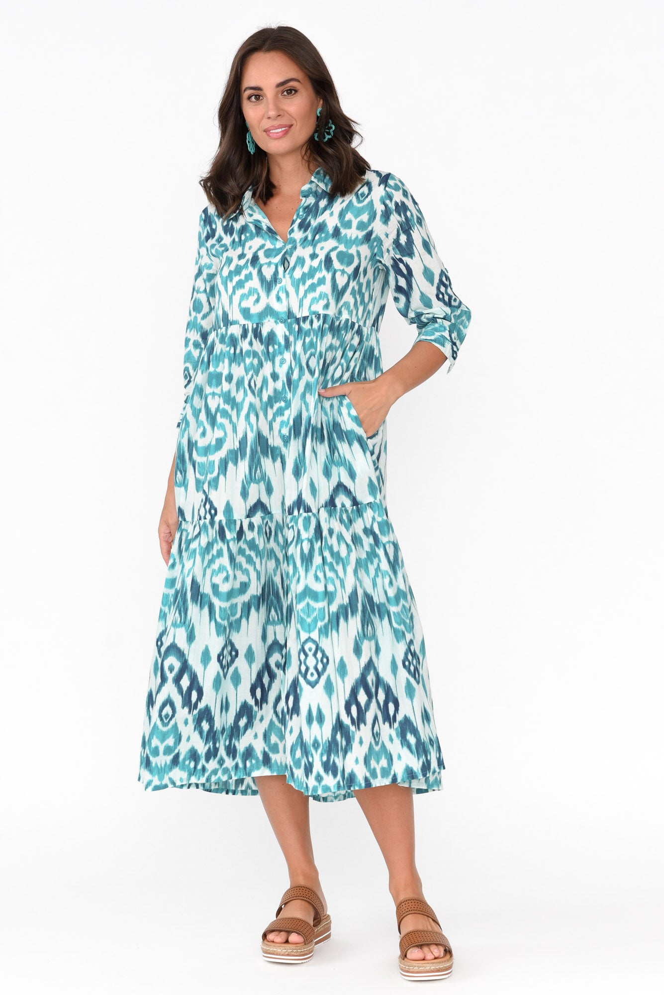 Izmir Turquoise Geo Organic Cotton Tiered Dress
