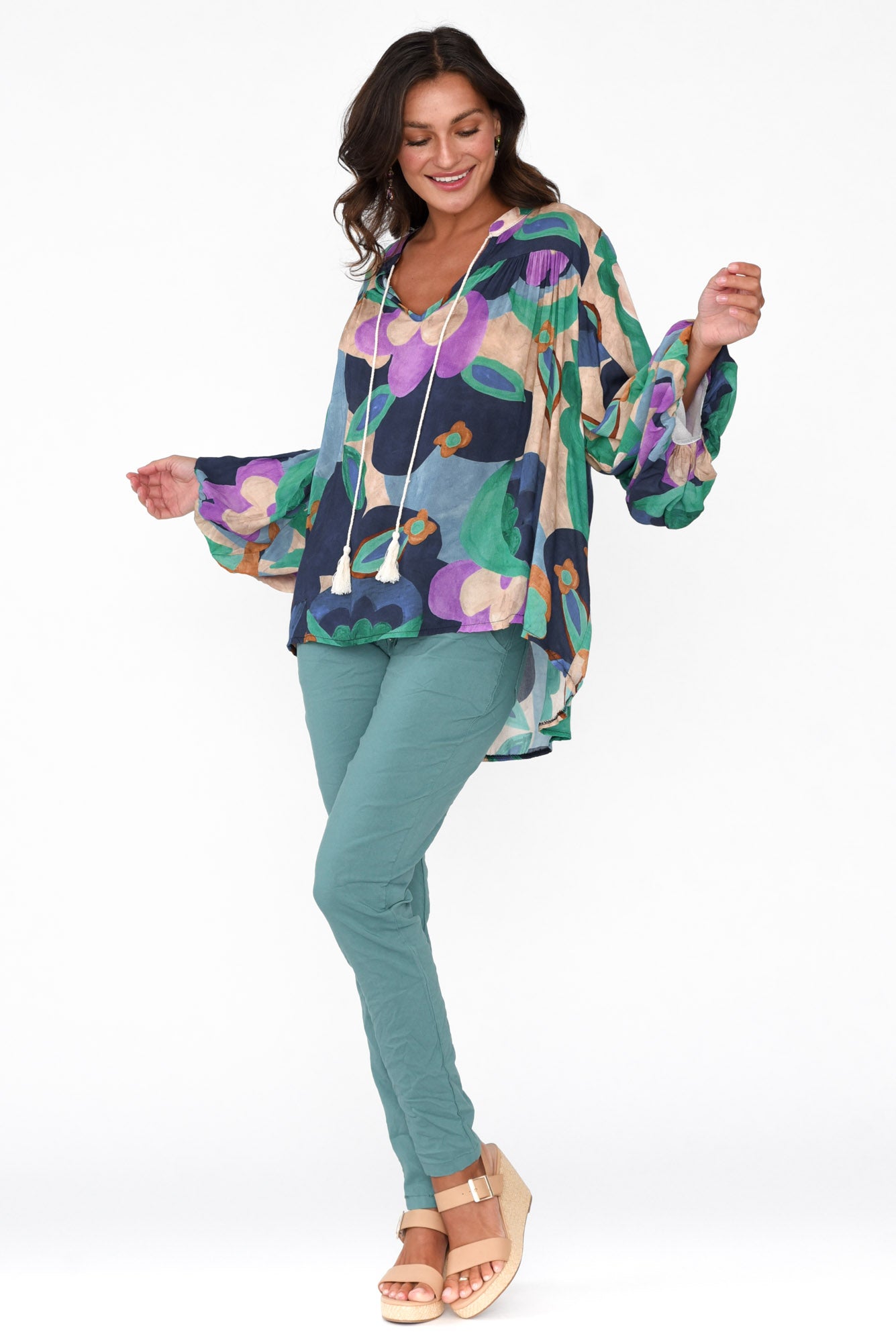 Althea Navy Floral V Neck Top