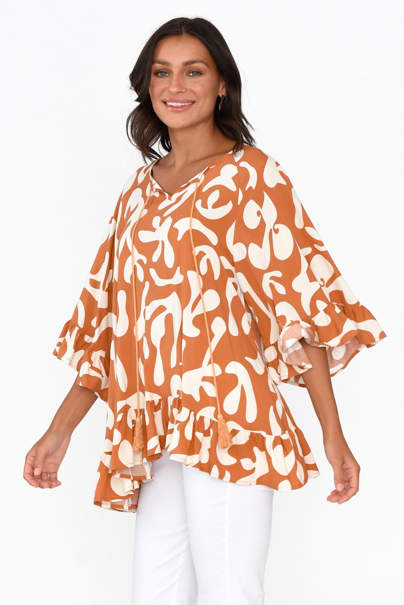 Chase Rust Abstract Tassel Ruffle Top