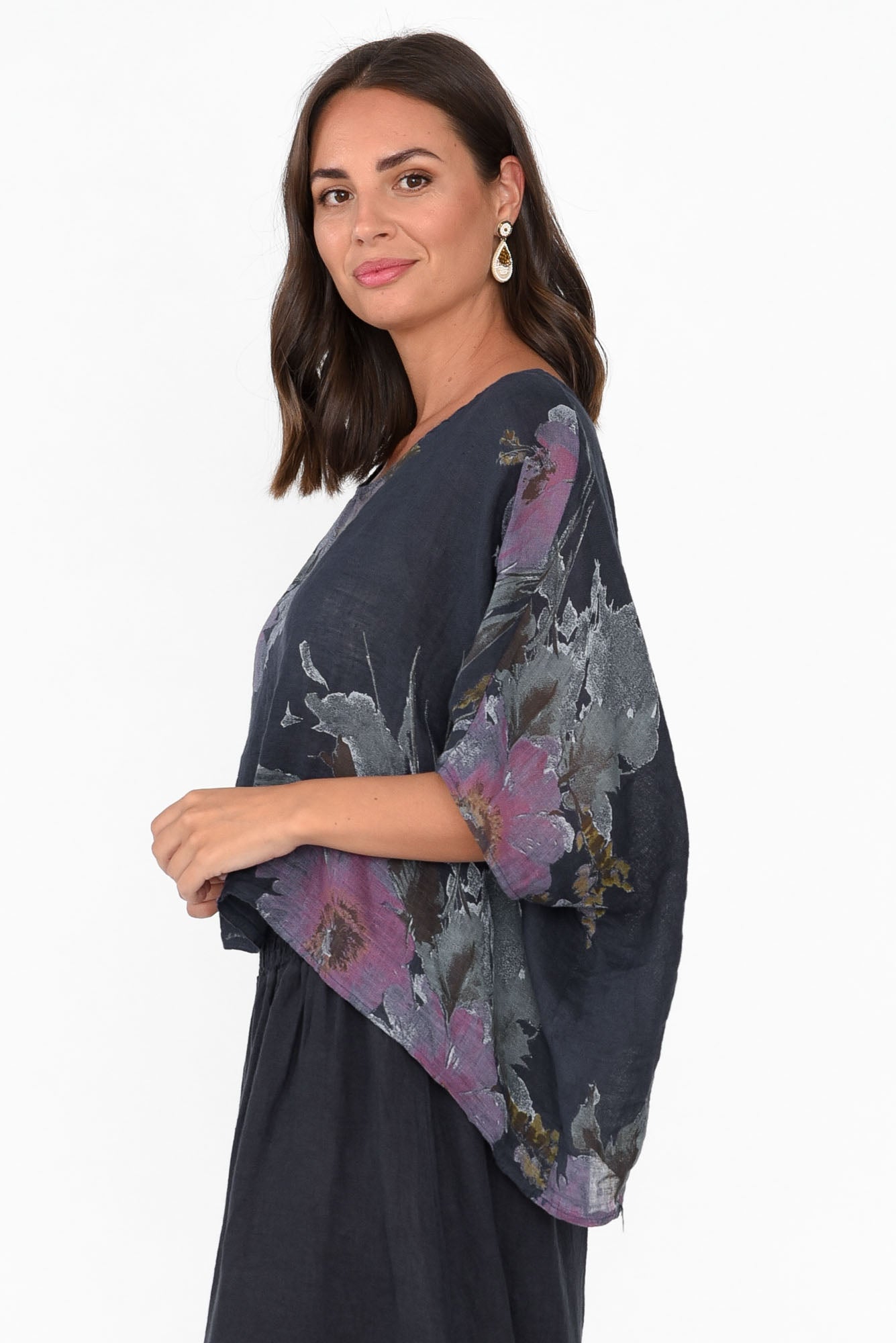 Turner Navy Floral Linen Scoop Neck Top