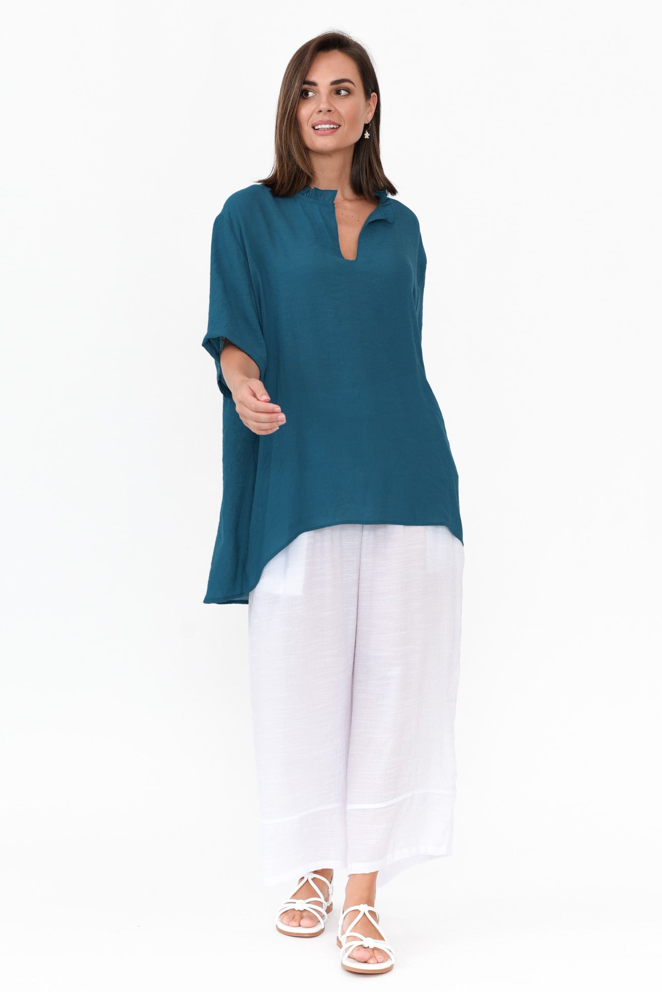 Gideon Teal Cotton Frill Top