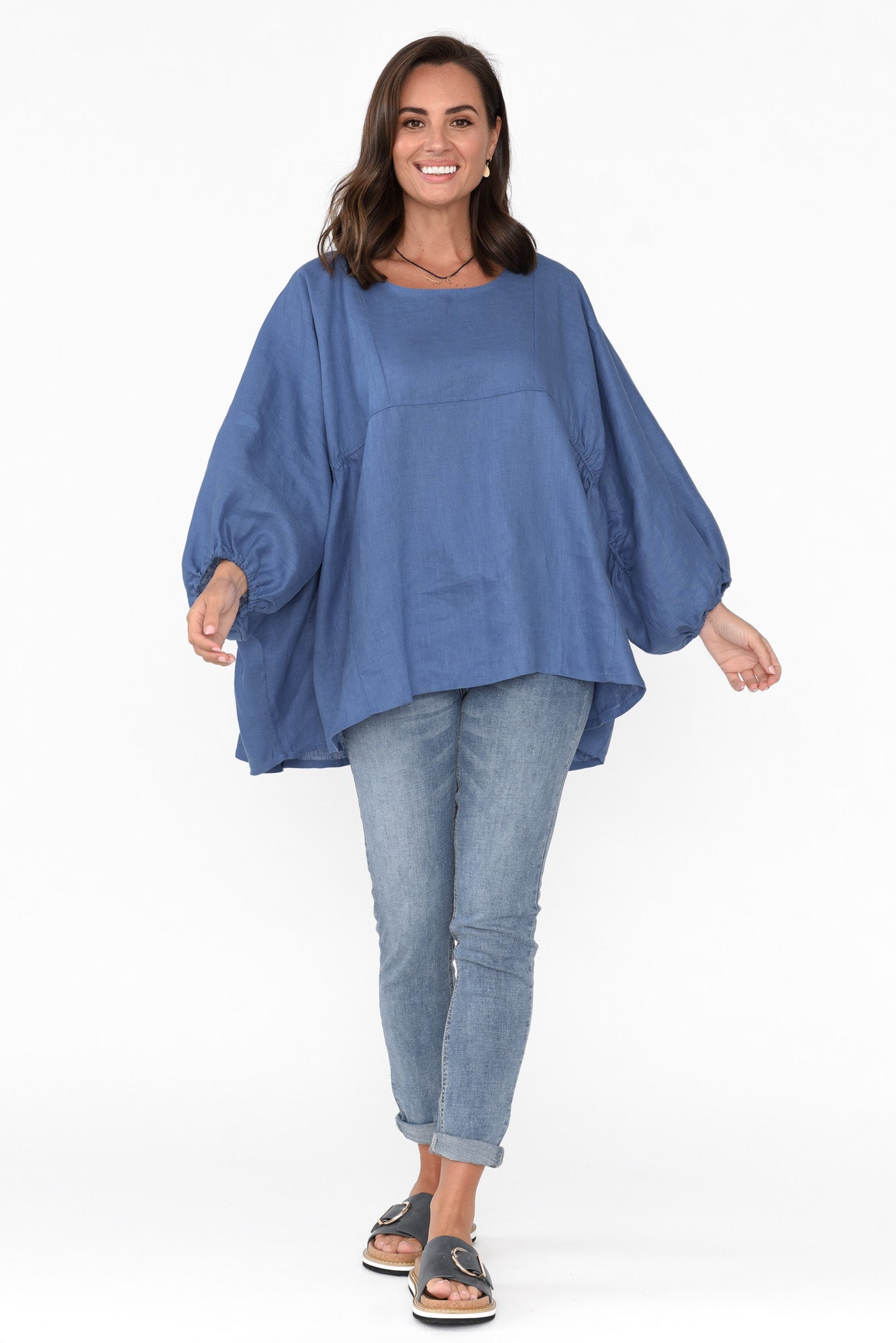 Darla Blue Gathered Sleeve Linen Top