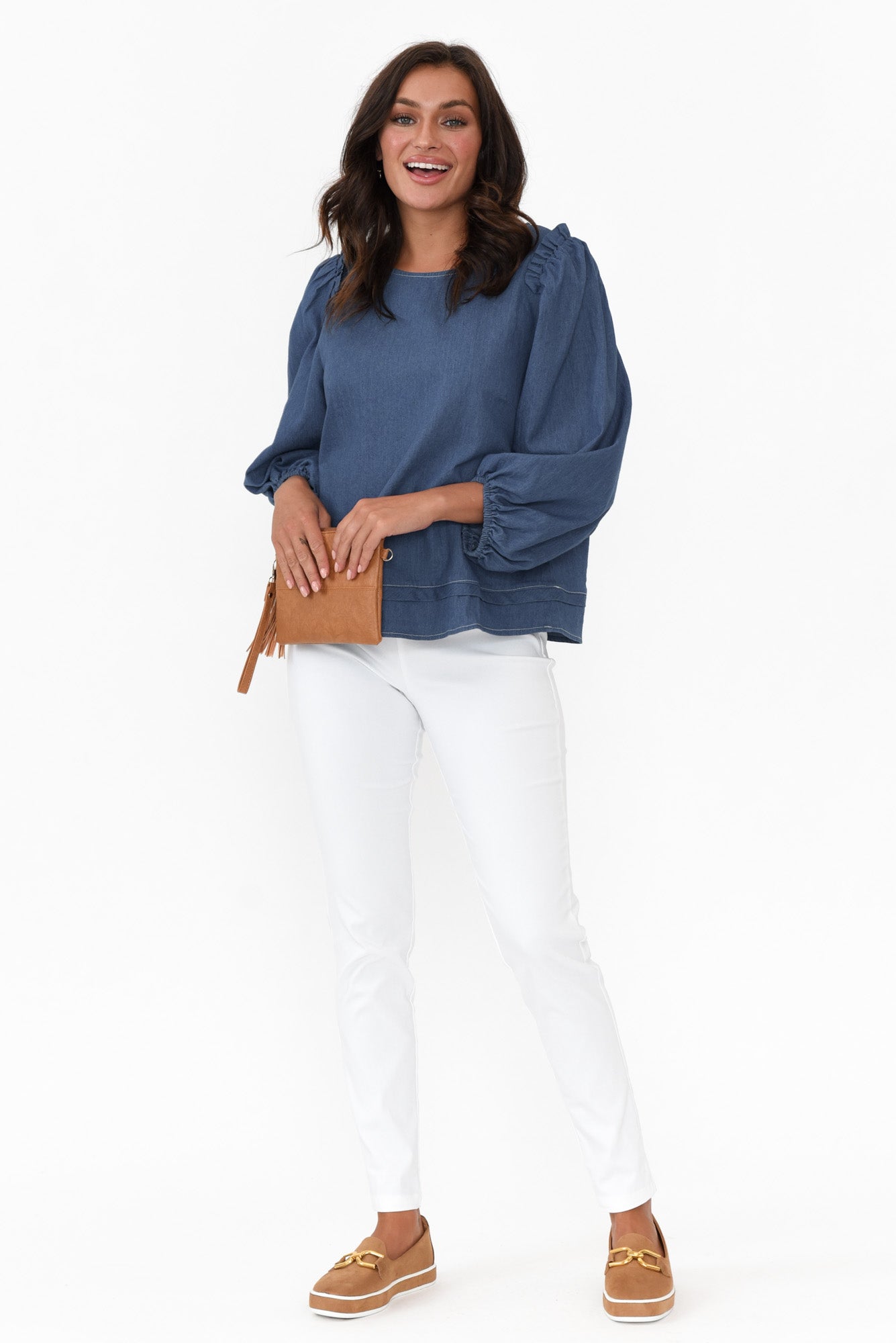 Ferguson Dark Blue Cotton Blend Frill Top