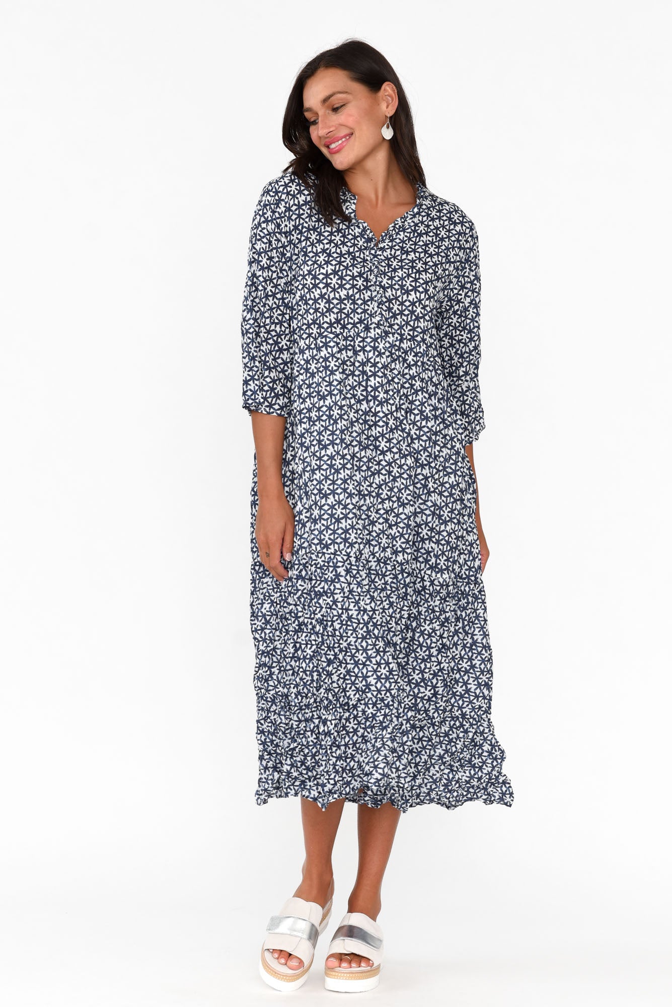 Anniston Navy Flower Cotton Tiered Dress