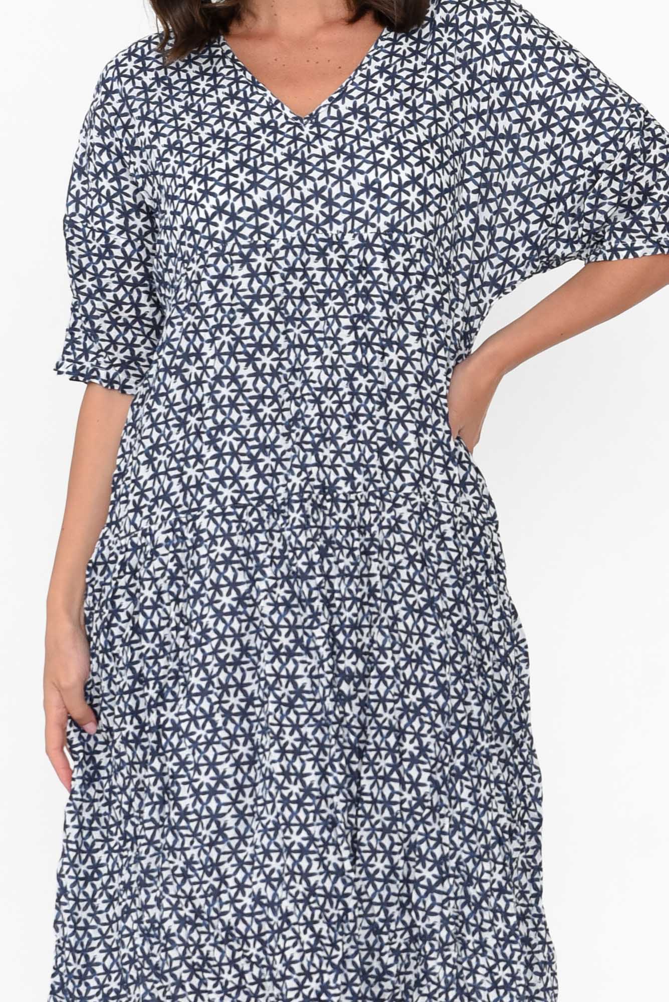 Embry Navy Flower Crinkle Cotton Dress