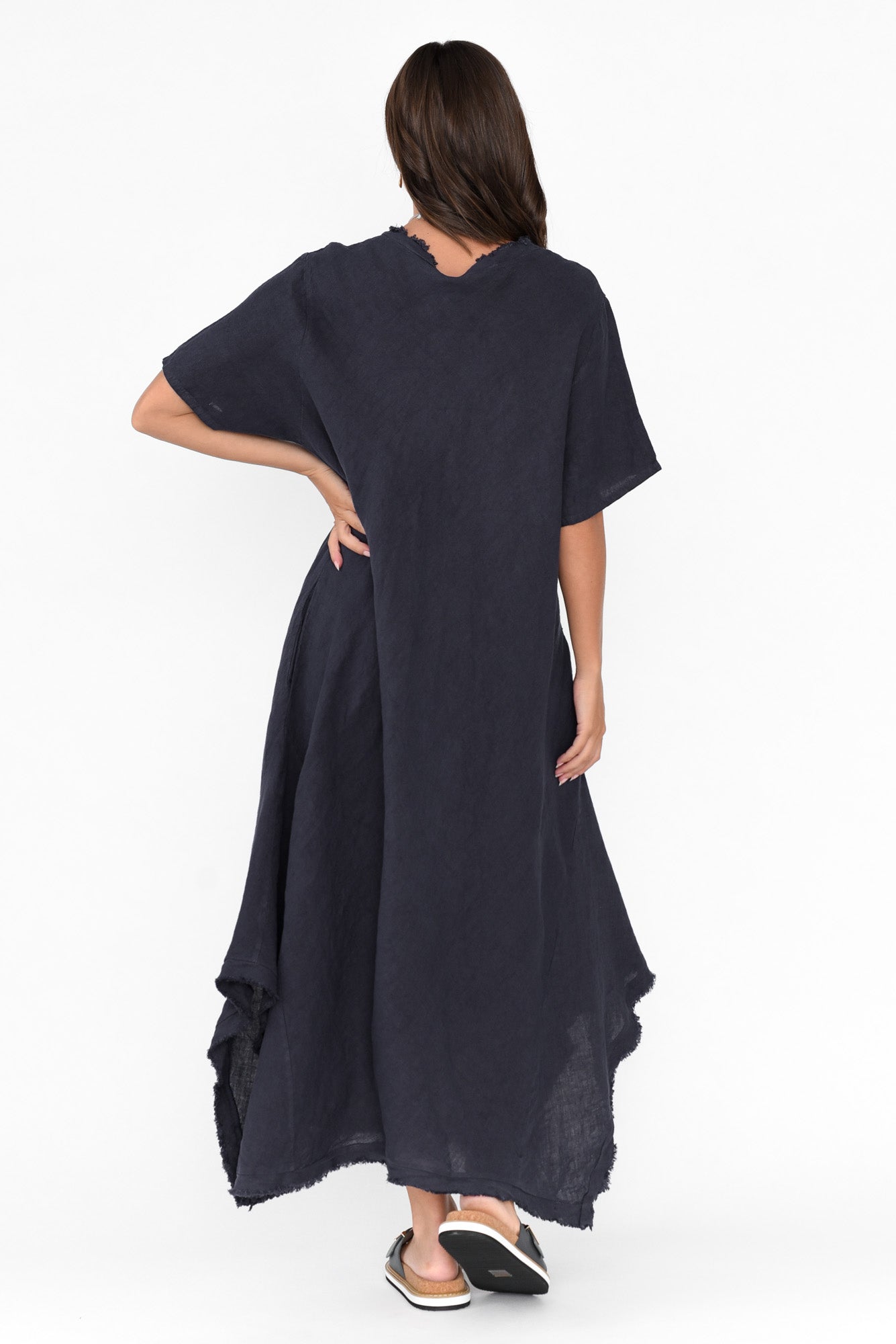 Lacasa Navy Linen Frayed Dress