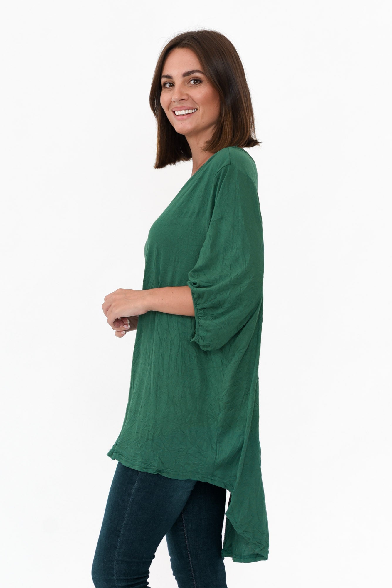 Agnes Emerald Crinkle Cotton Hi Lo Top