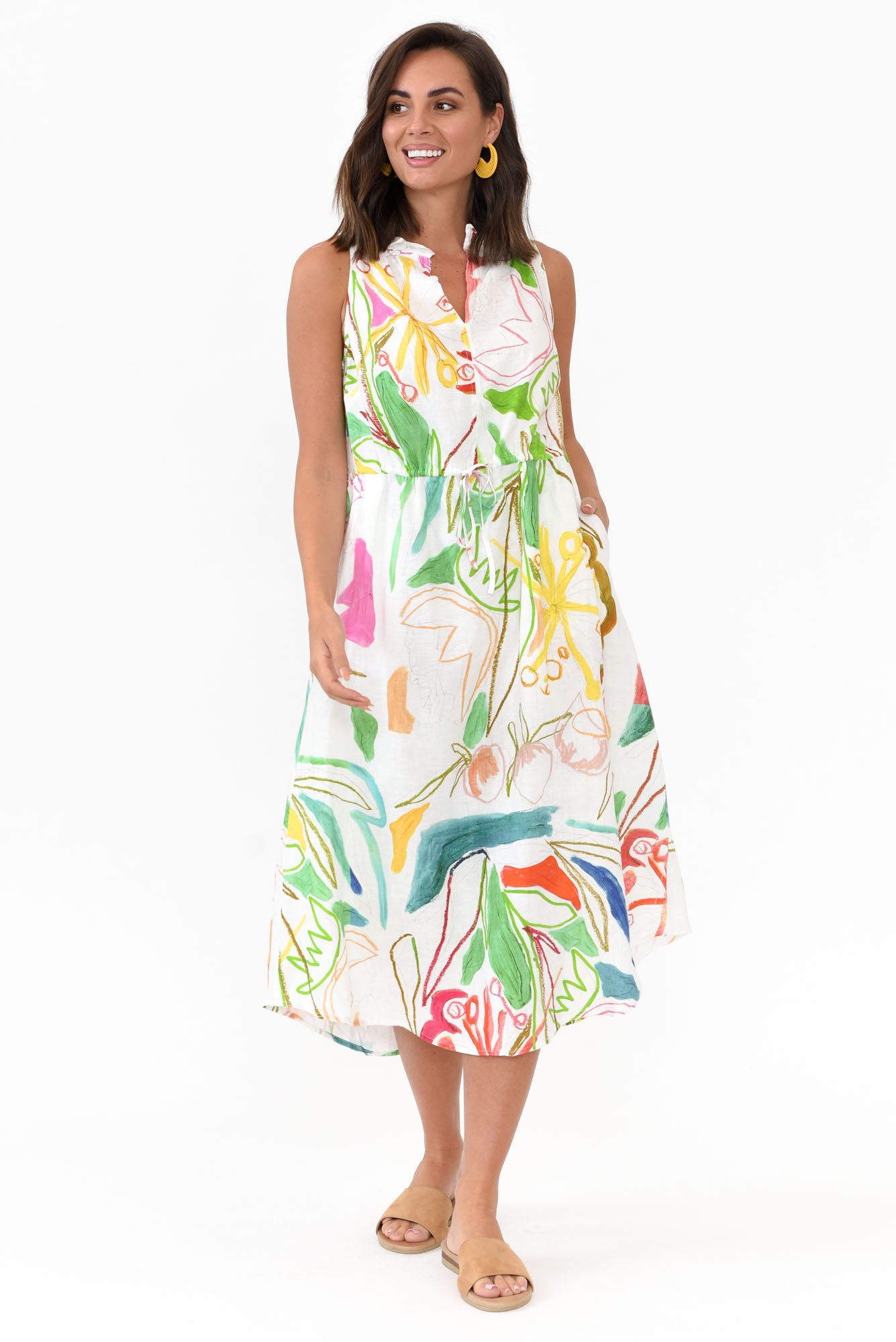 Adams White Abstract Linen Dress