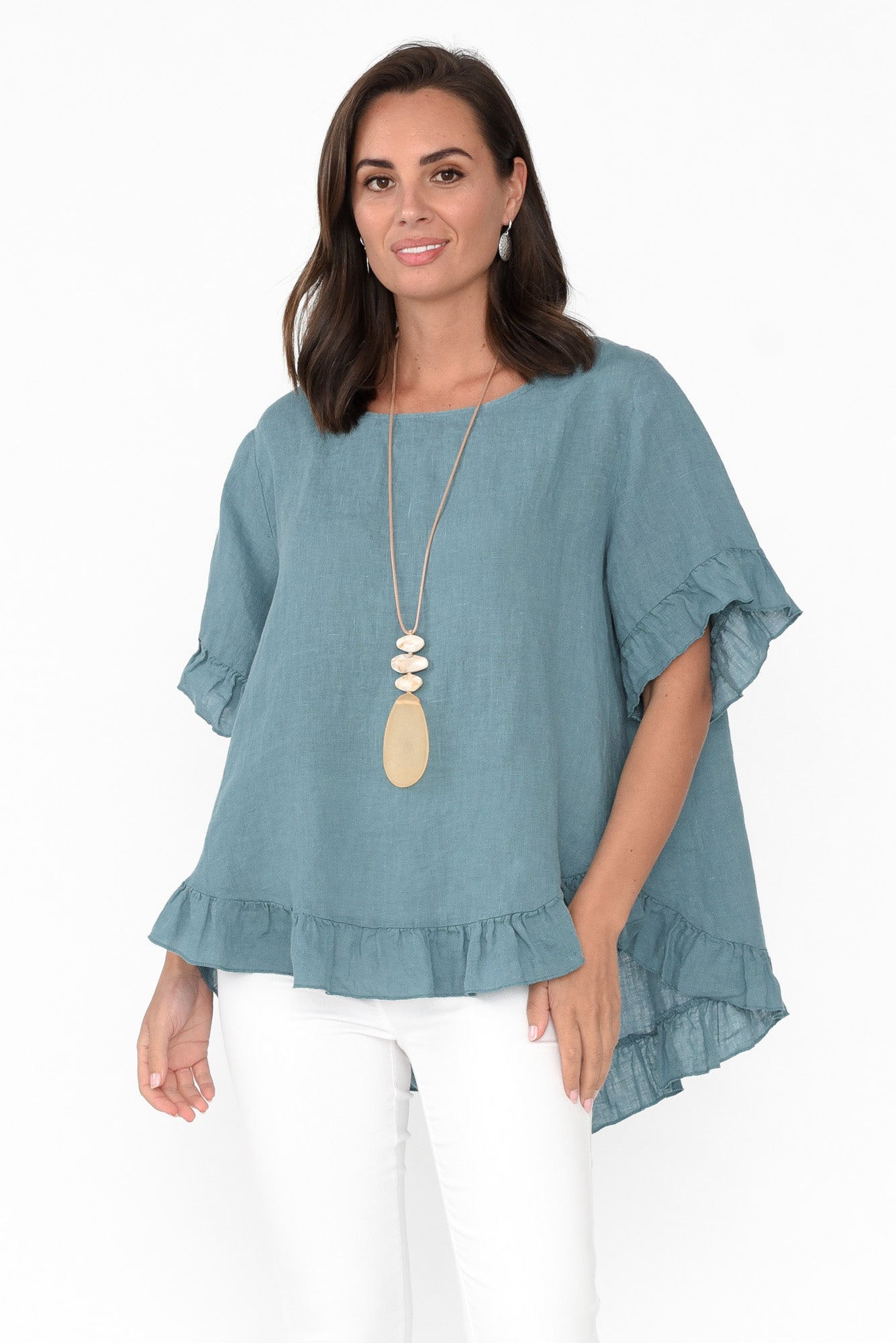 Genevieve Blue Linen Frill Top