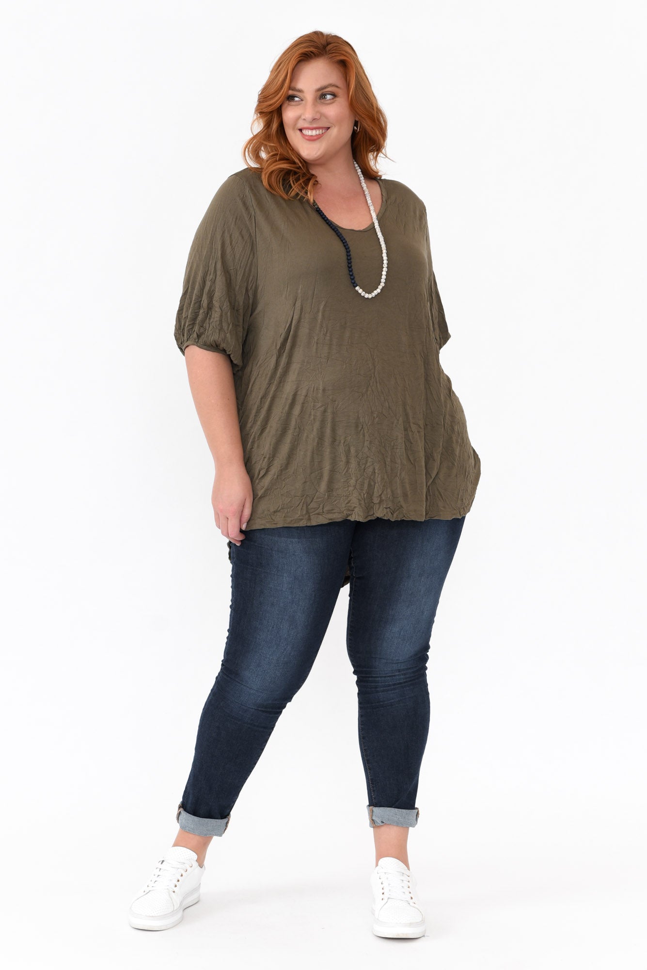 Agnes Khaki Crinkle Cotton Hi Lo Top