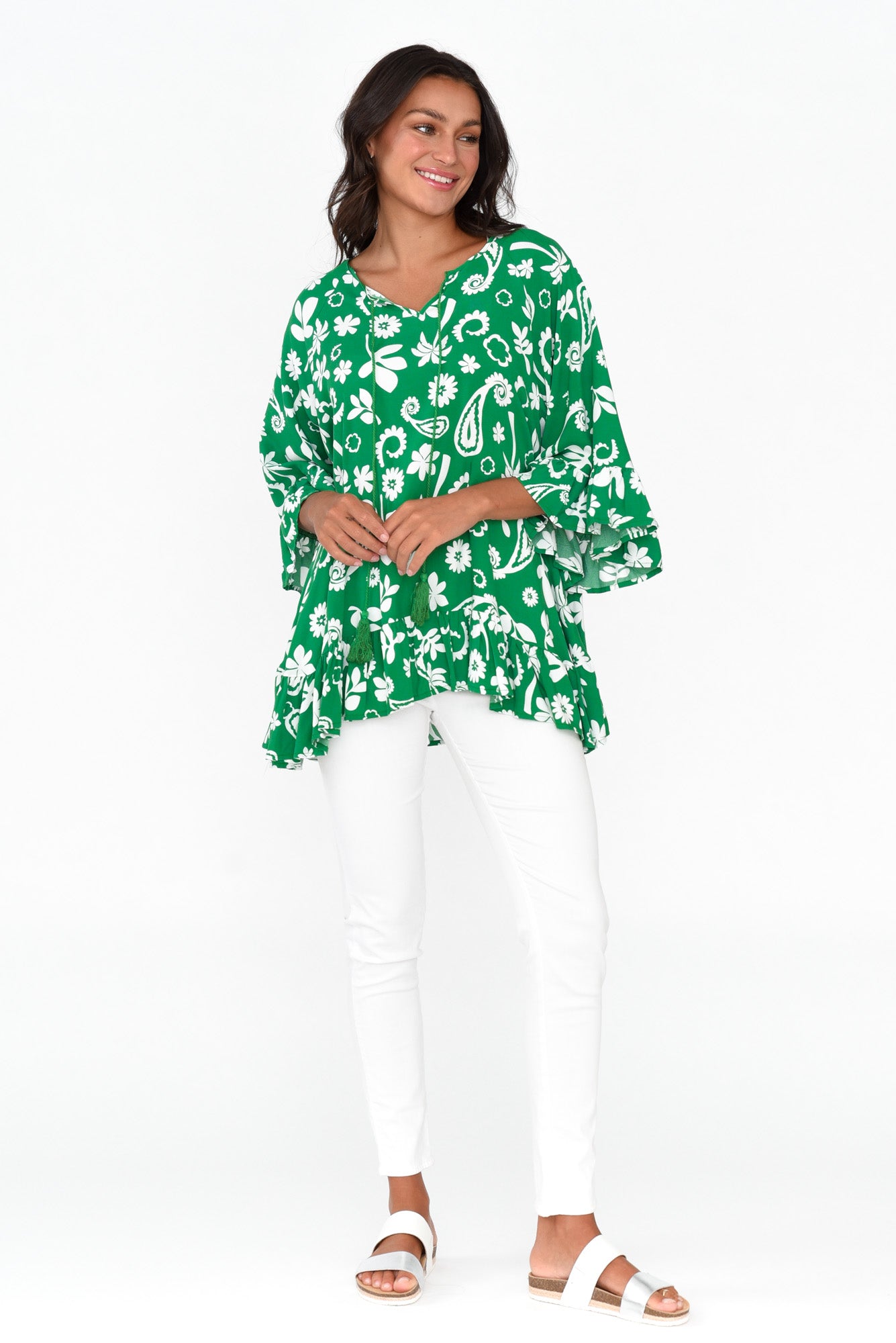 Chase Green Garden Tassel Ruffle Top