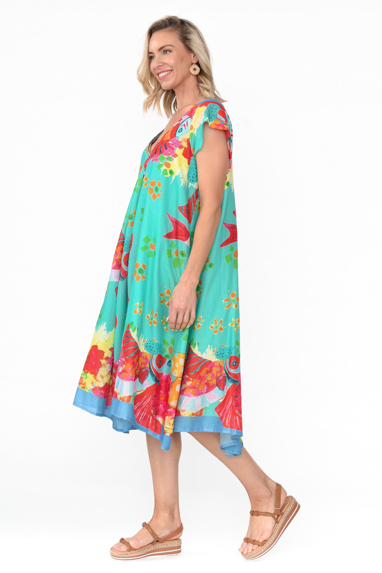 Maheno Teal Sea Cotton Midi Dress