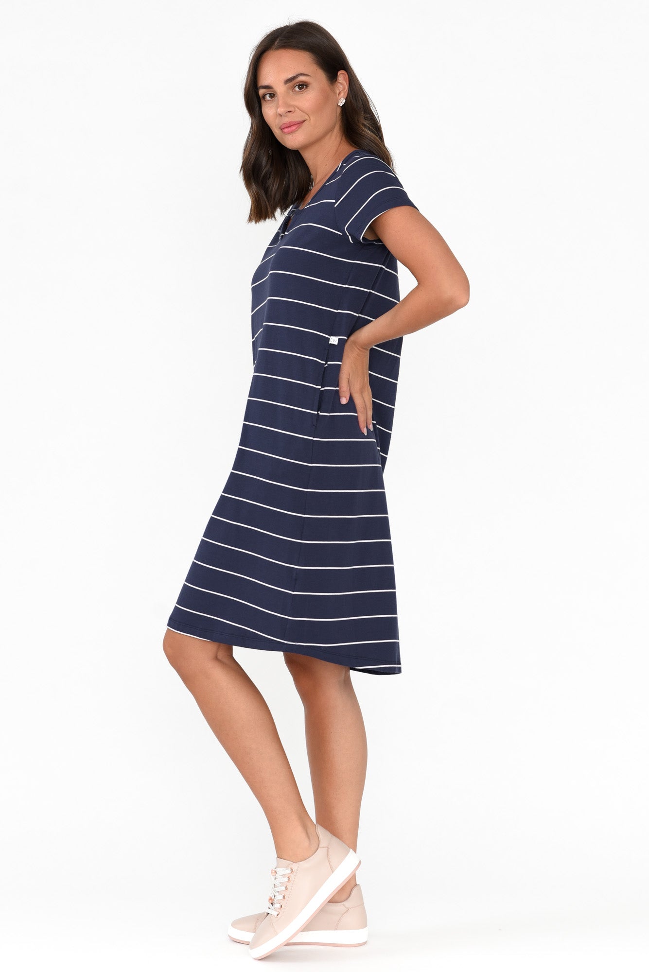 Mandy Navy Pinstripe Cotton Tee Dress