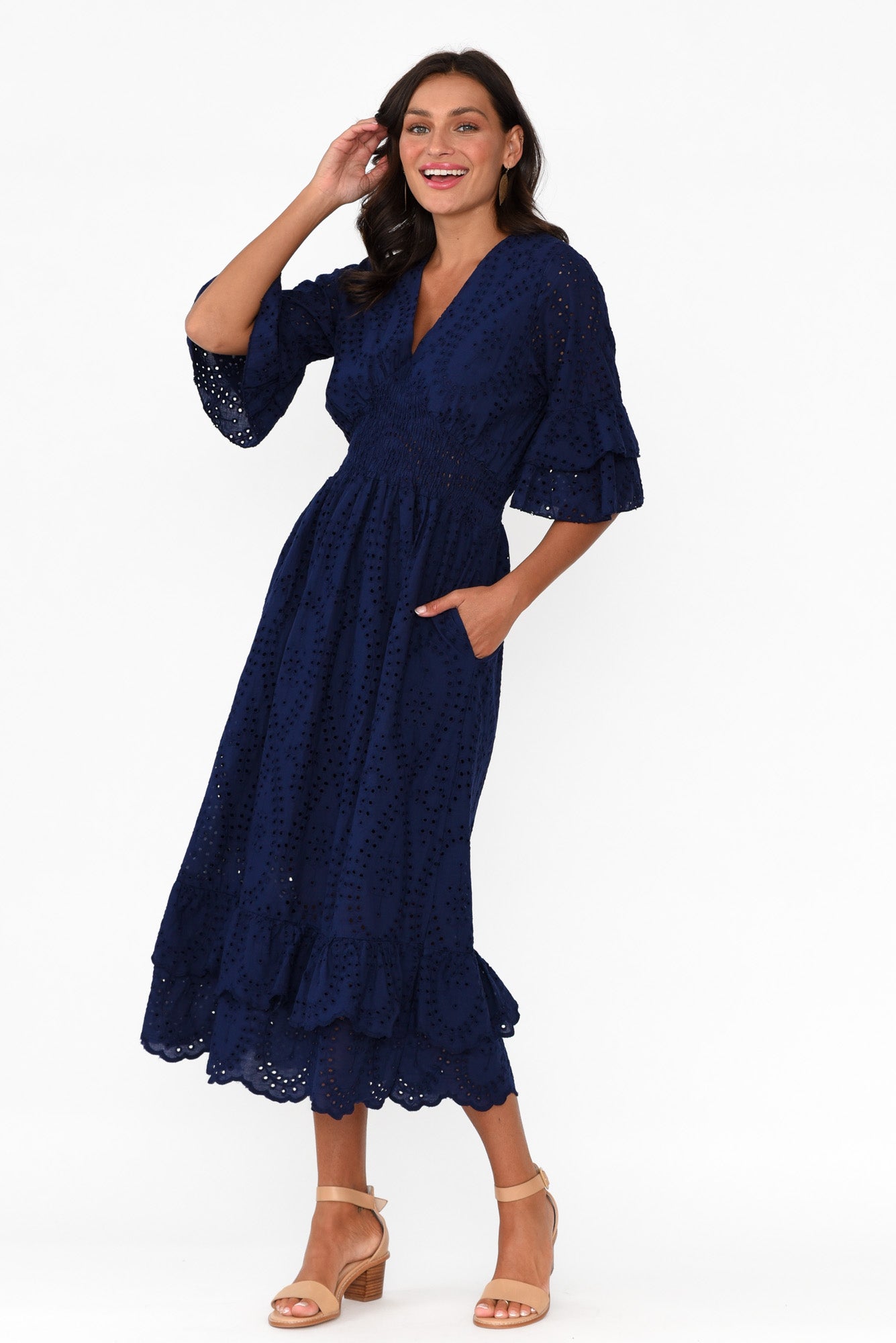 Adia Navy Embroidered Cotton Frill Dress