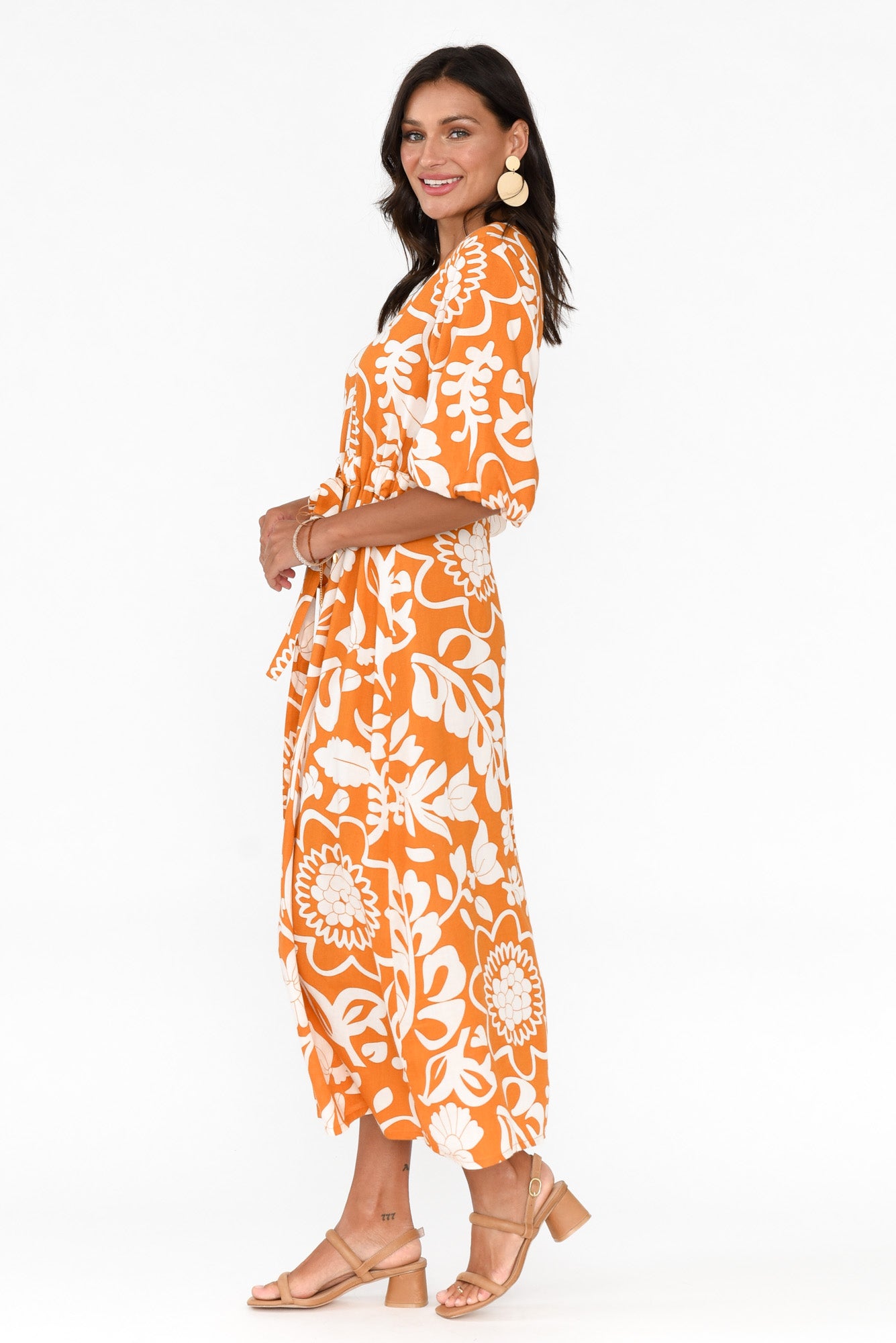Ava Orange Garden Puff Sleeve Dress