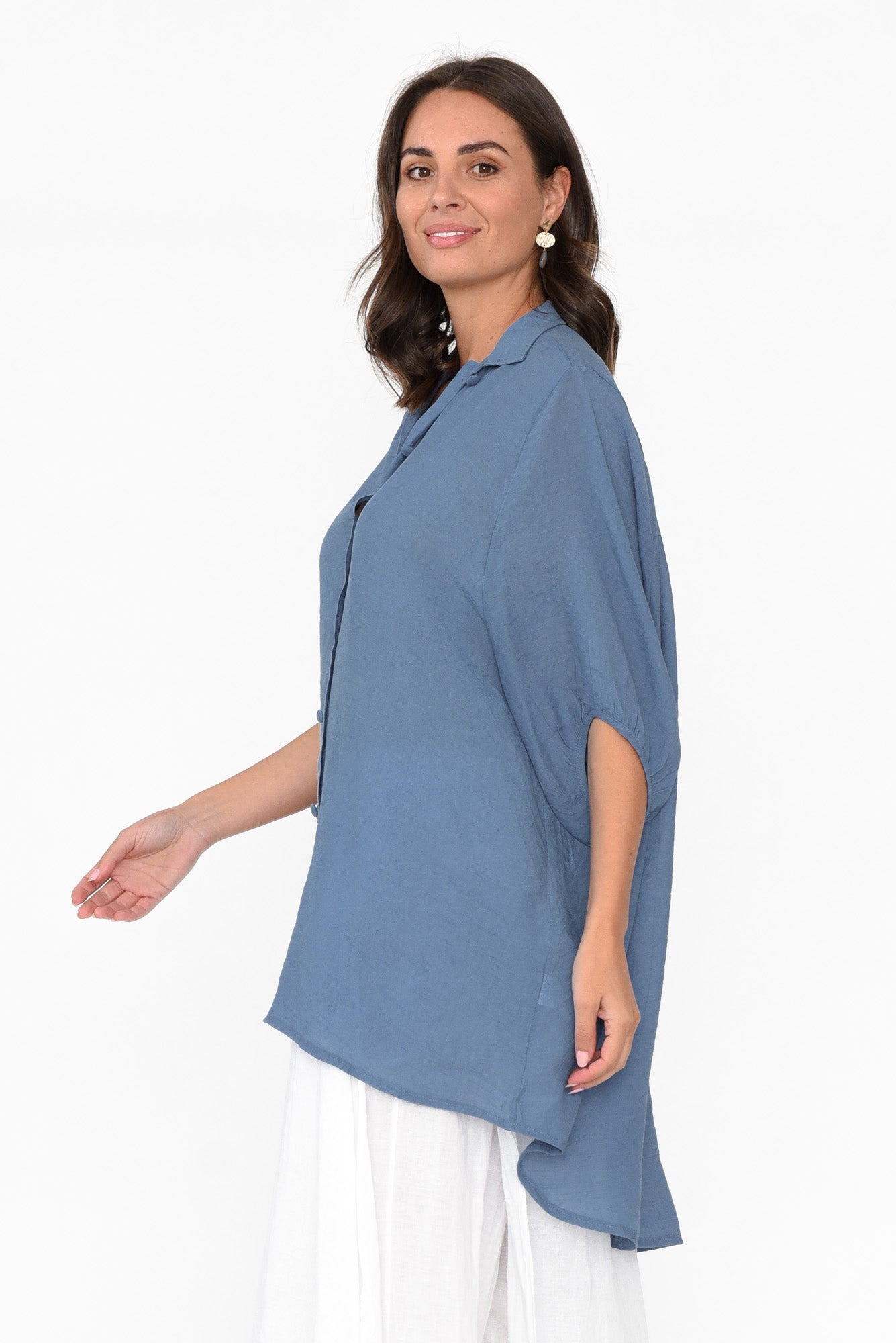 Blue Cotton Blend Hi Lo Shirt