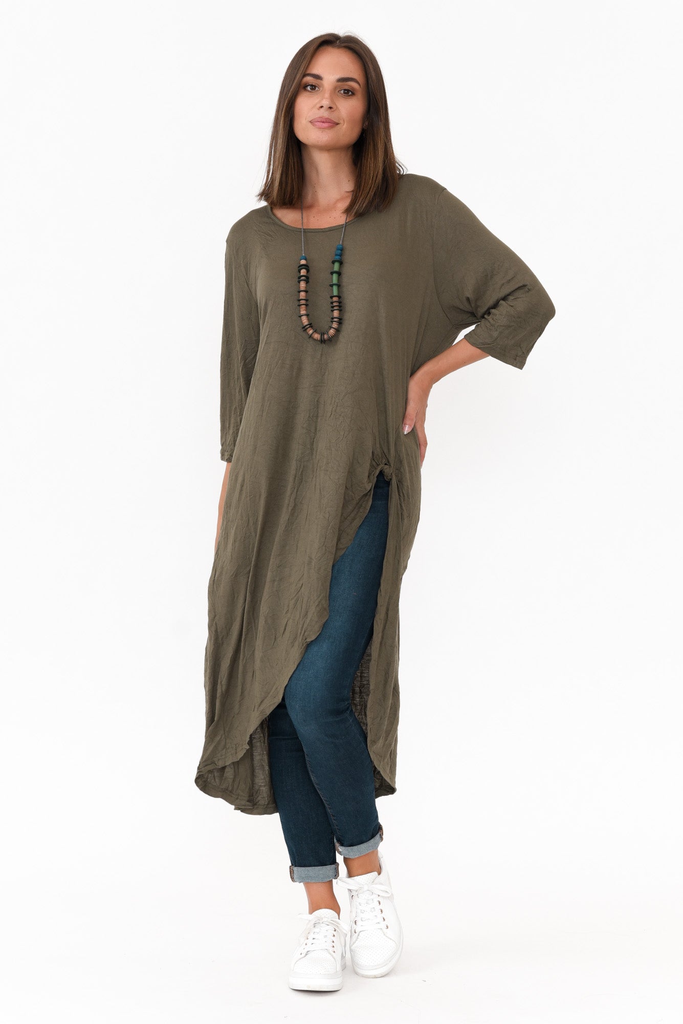 Khaki Crinkle Cotton Asymmetric Tunic