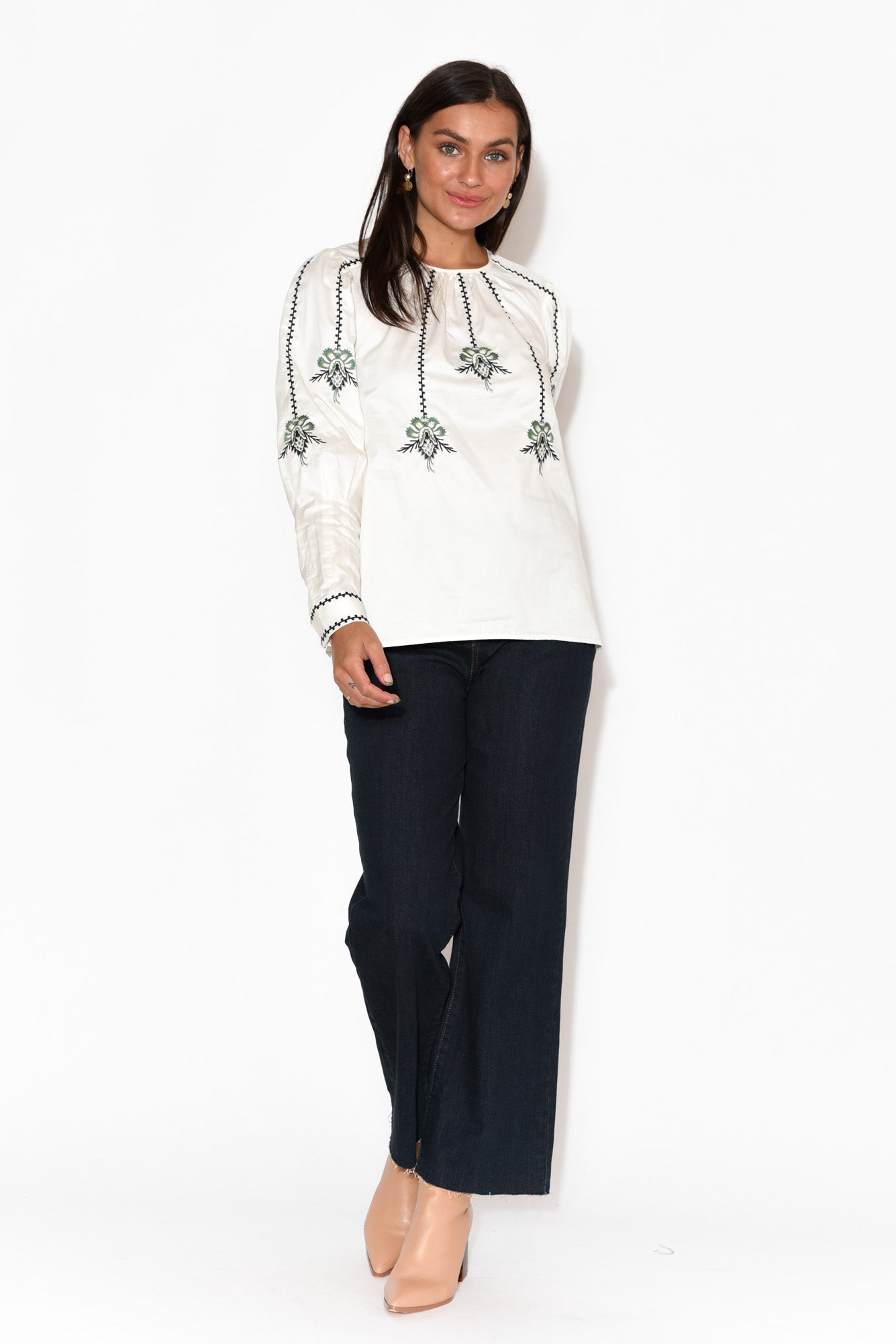 Grove White Embroidered Bishop Sleeve Top