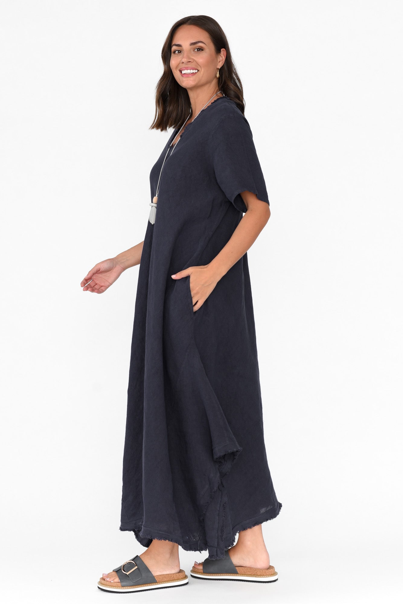 Lacasa Navy Linen Frayed Dress