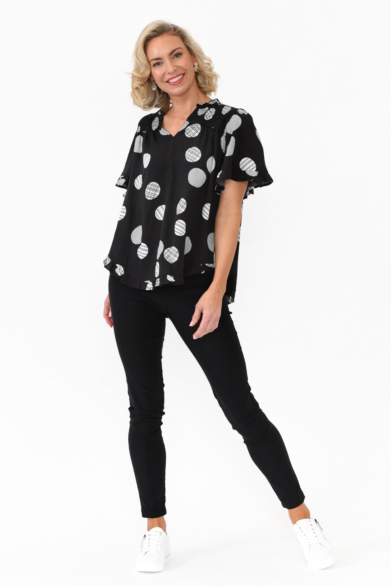 Malika Black Spot Frill Top