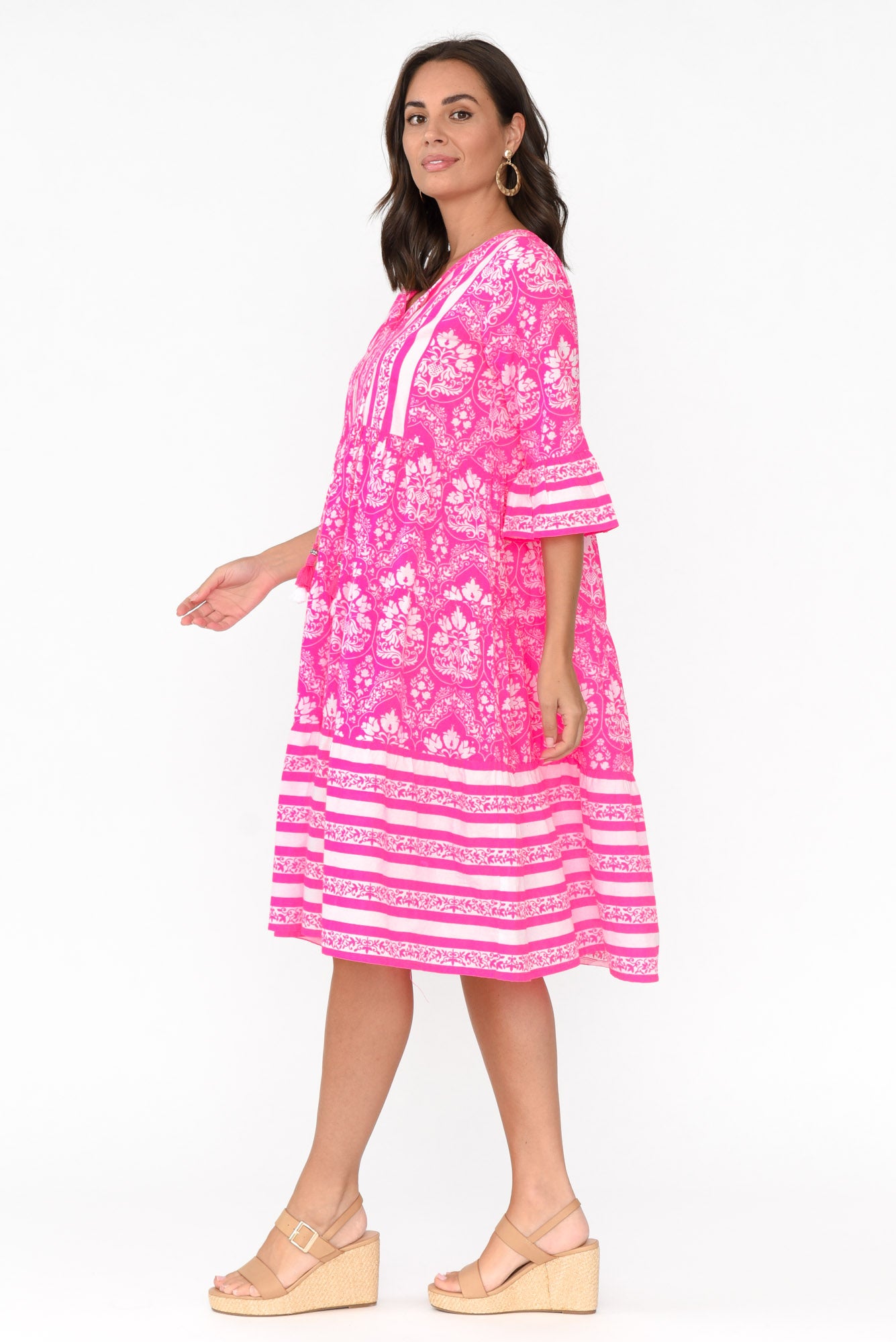 Amber Hot Pink Damask Cotton Dress