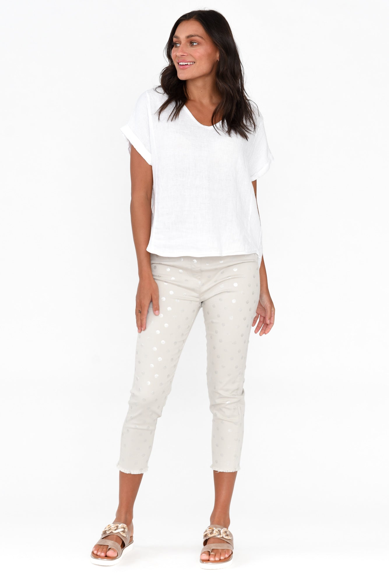 Reed Taupe Foil Spot Cotton Capri Pant