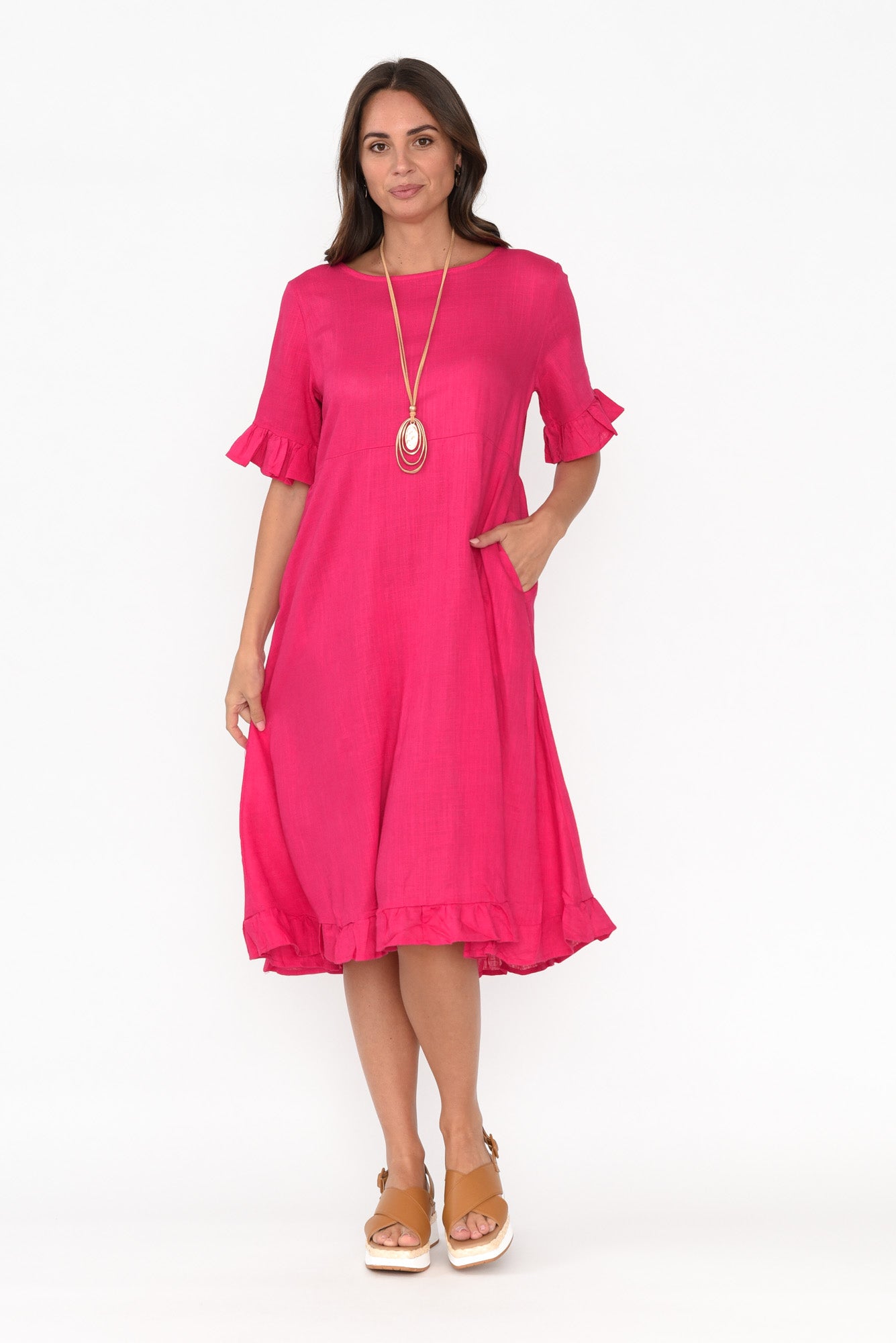 Tamsen Hot Pink Linen Cotton Ruffle Dress