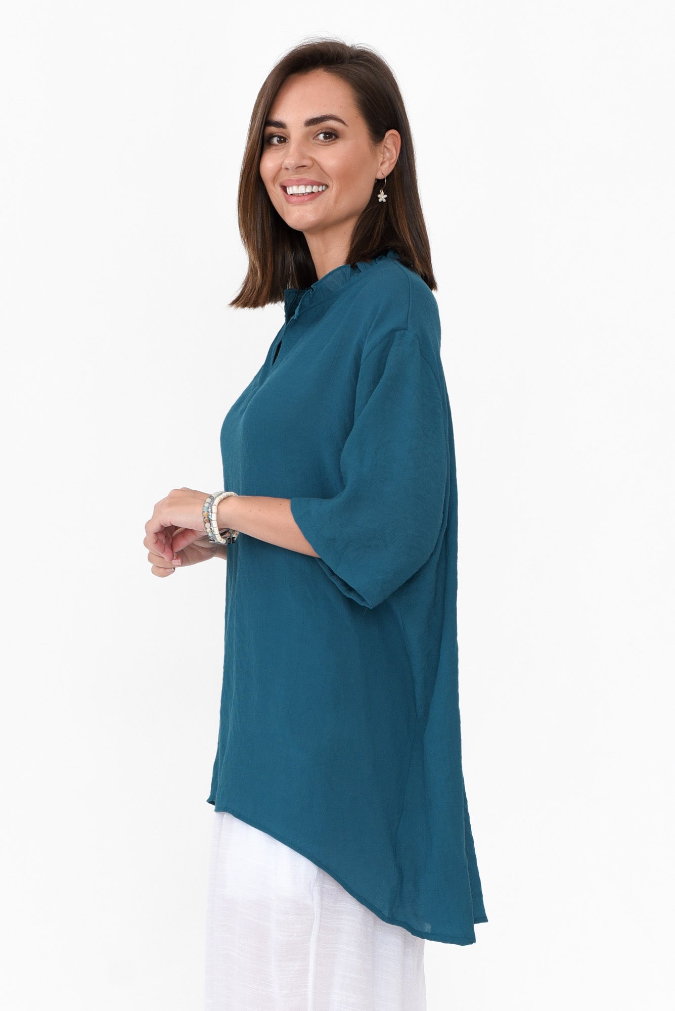 Gideon Teal Cotton Frill Top