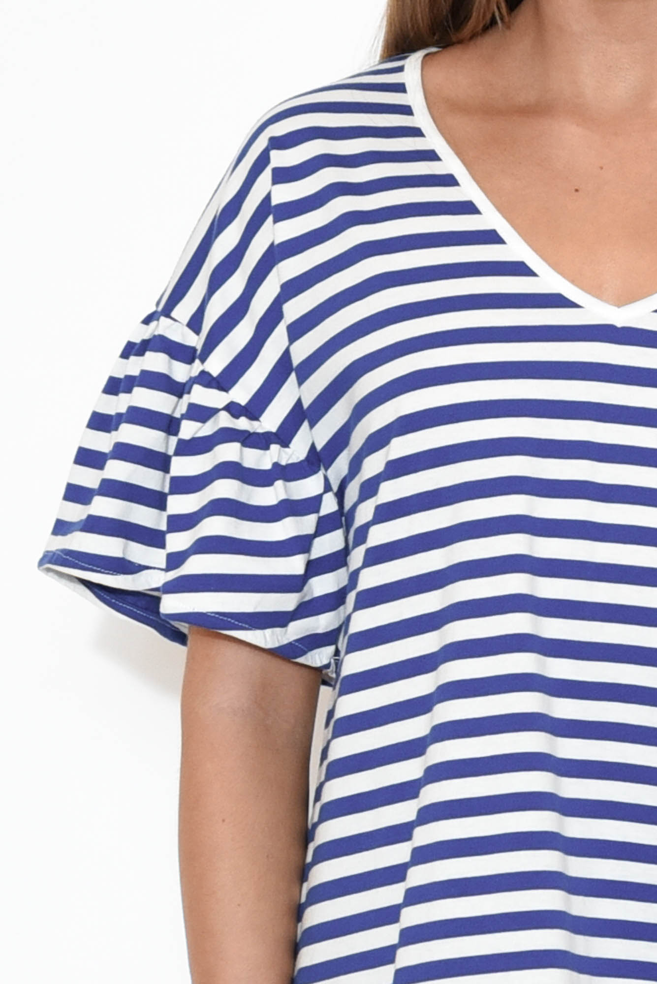 Alessia Blue Stripe Cotton Frill Top