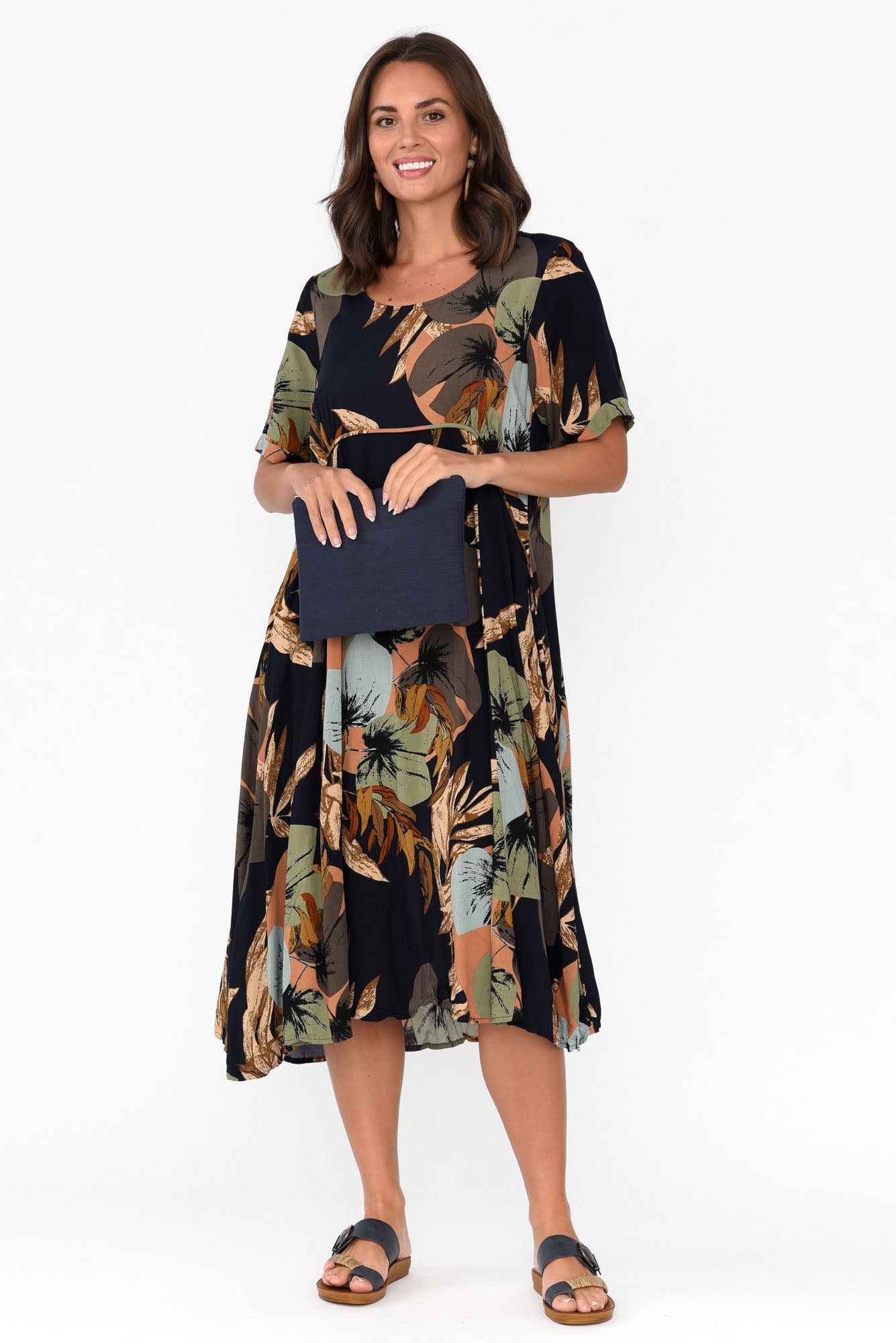 Yazi Navy Abstract Pocket Midi Dress