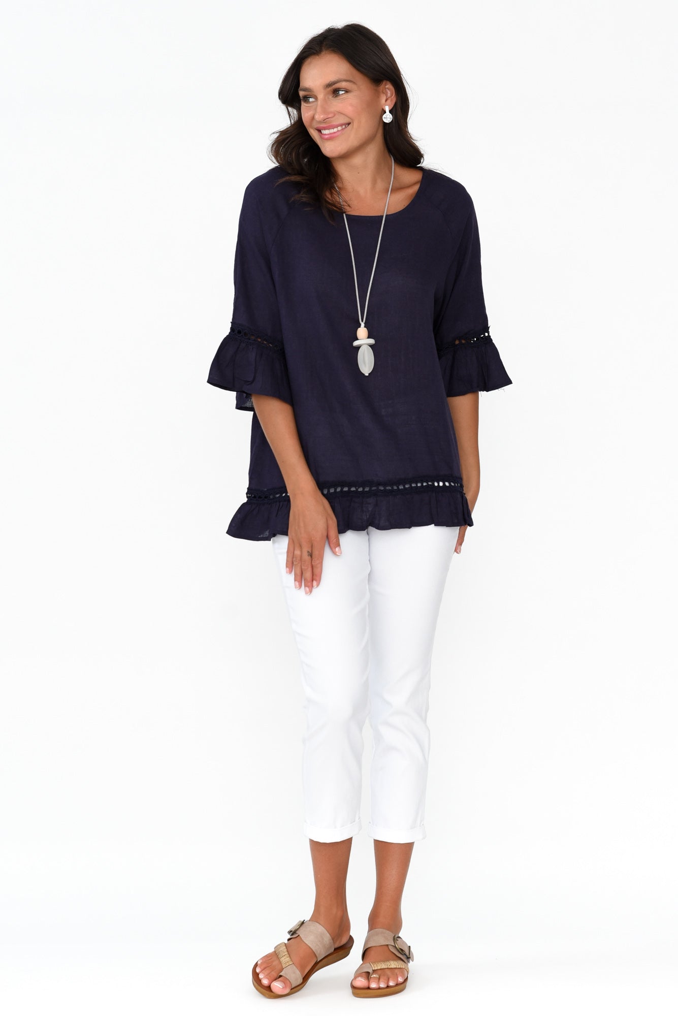 Tinker Navy Linen Cotton Ruffle Top