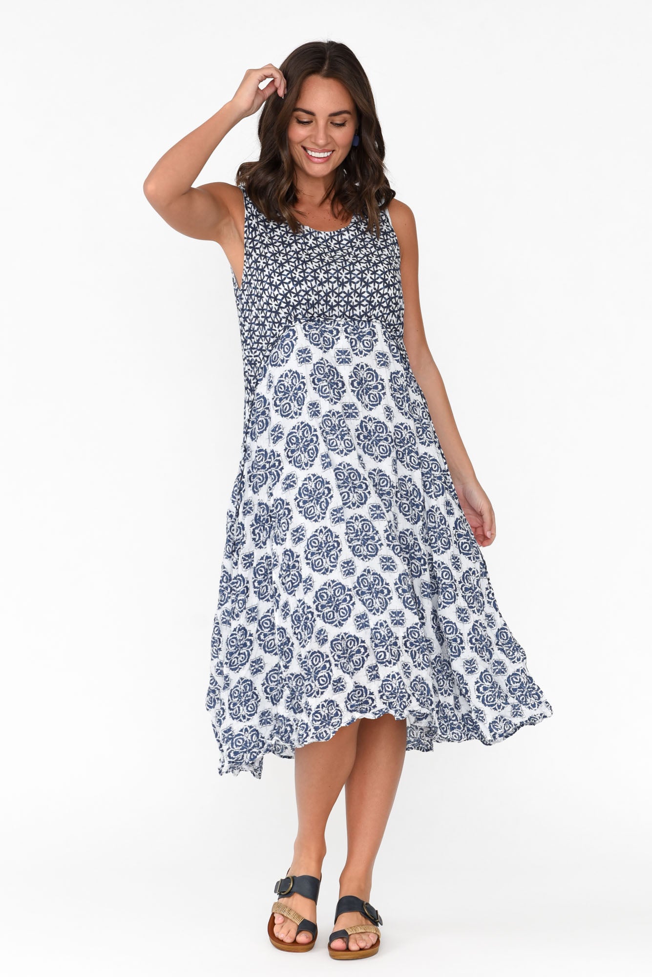 Jolie Navy Fiesta Crinkle Cotton Dress