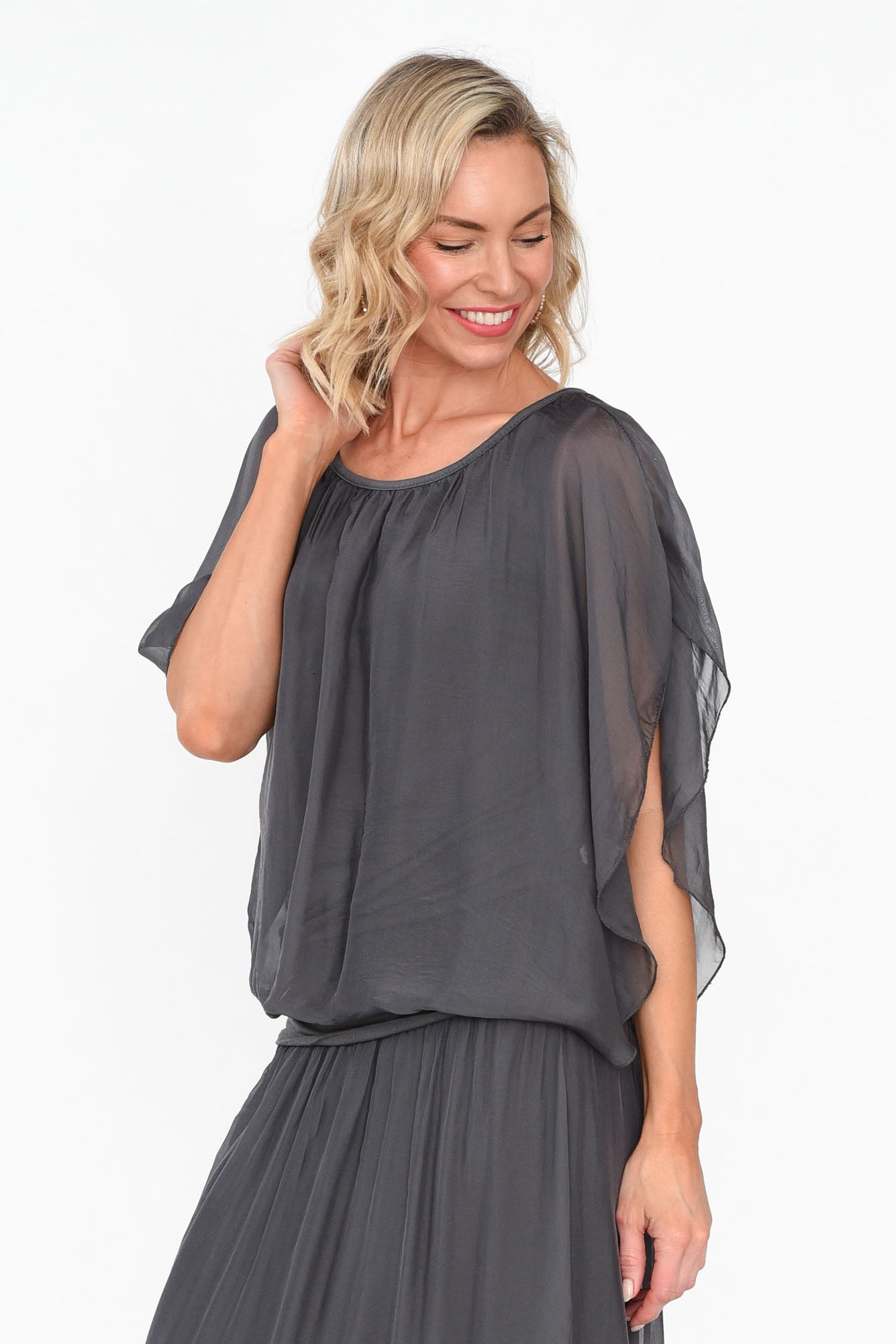 Evaline Charcoal Silk Layer Top