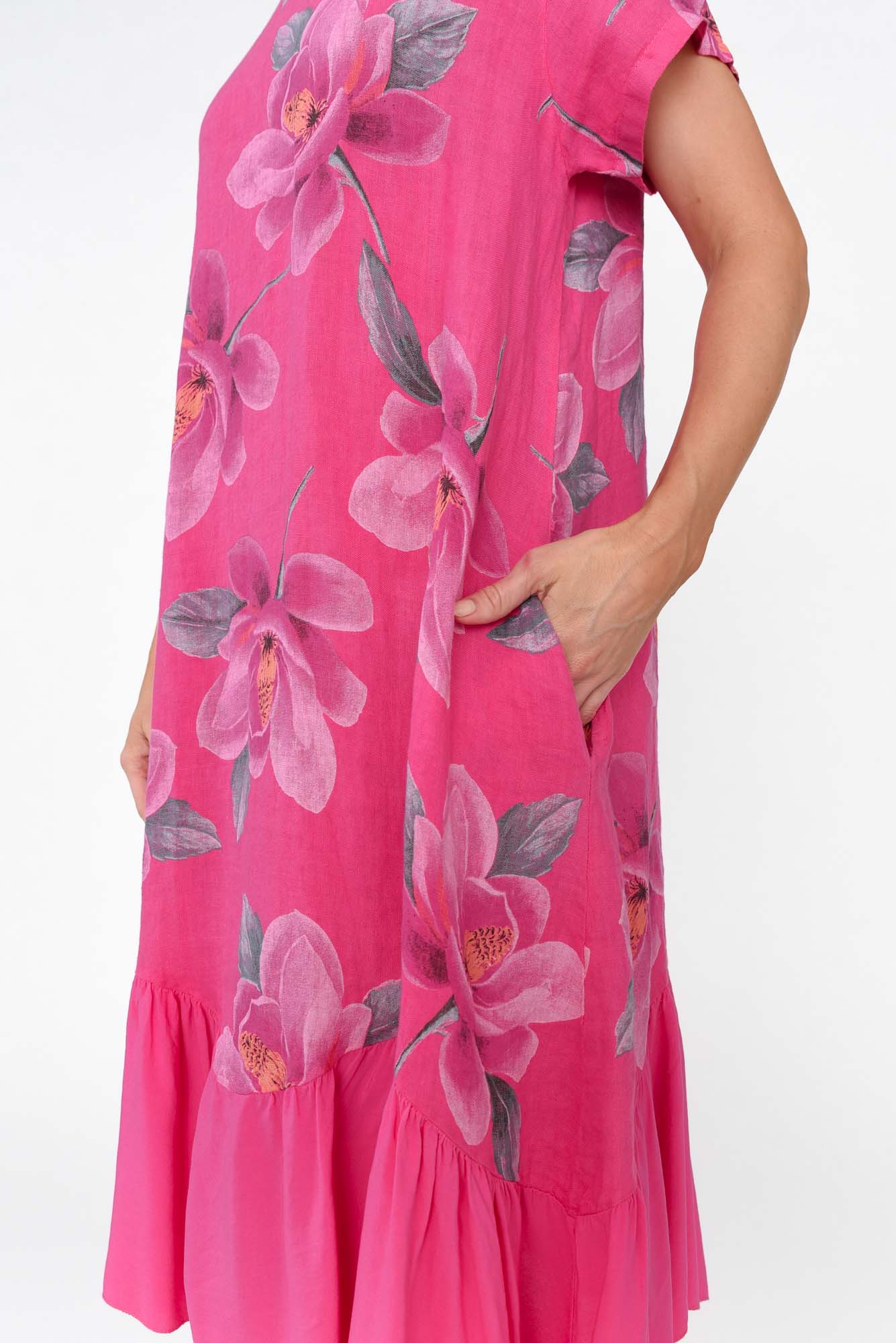 Ryker Hot Pink Floral Linen Pocket Dress