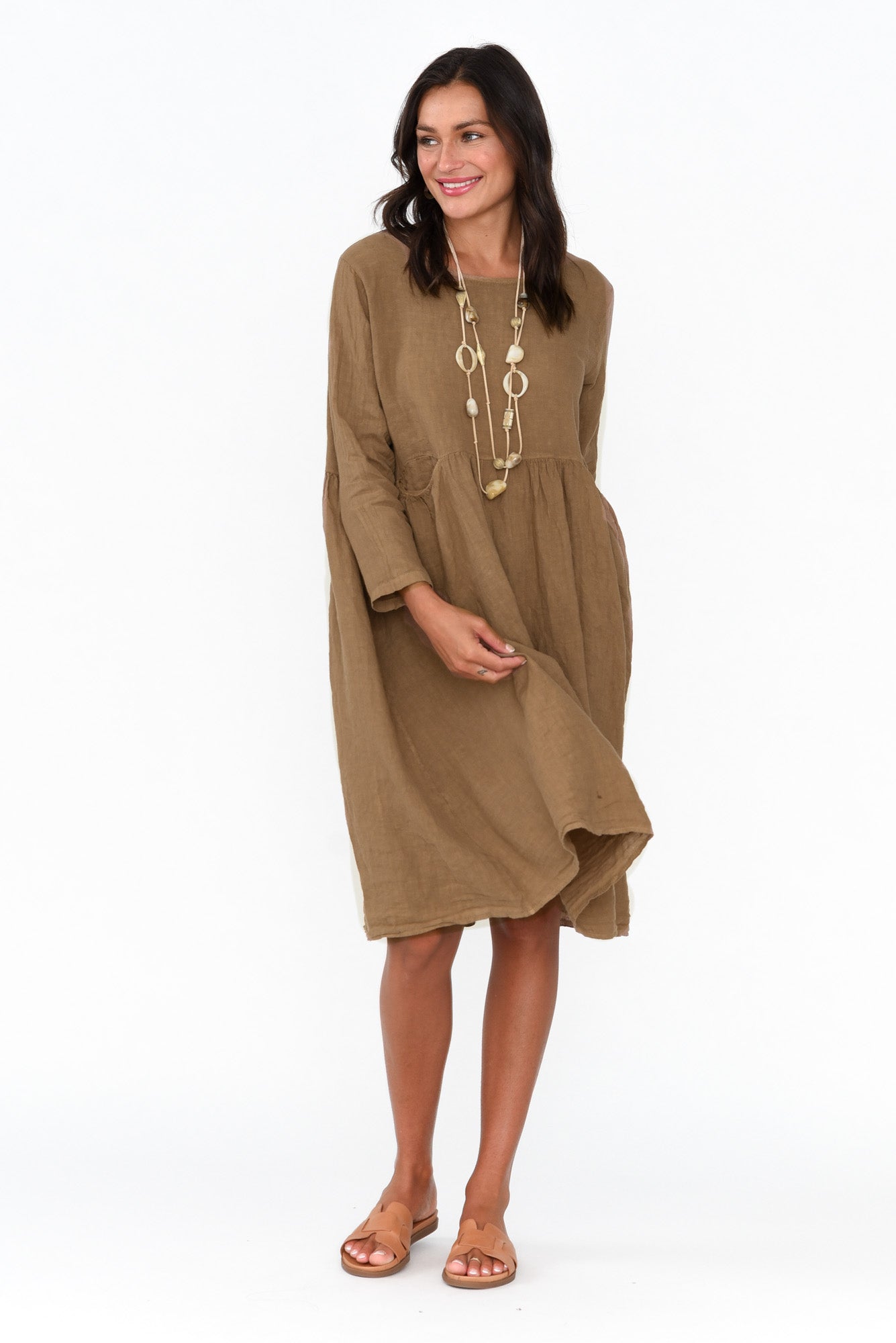 Maybelle Mocha Linen Pocket Dress