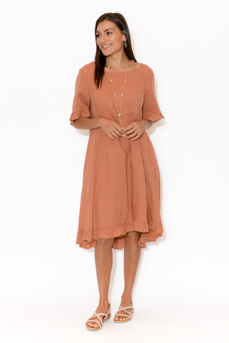 Elodie Coral Linen Frill Dress