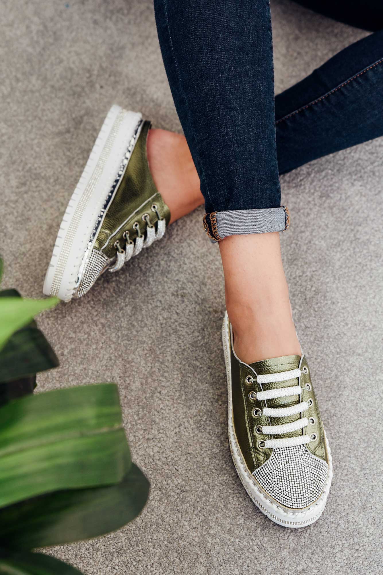 Dawson Khaki Leather Diamante Mule Sneaker