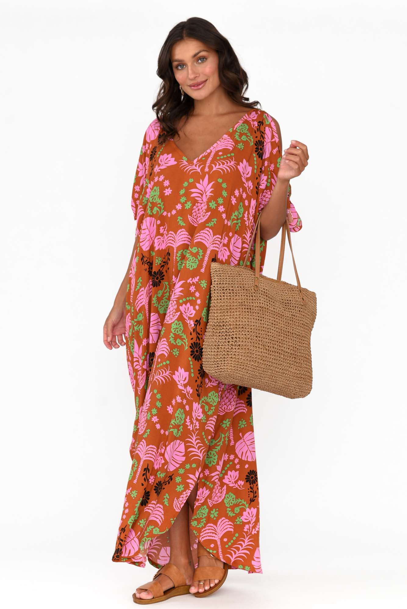 Marika Rust Tropical Cold Shoulder Kaftan