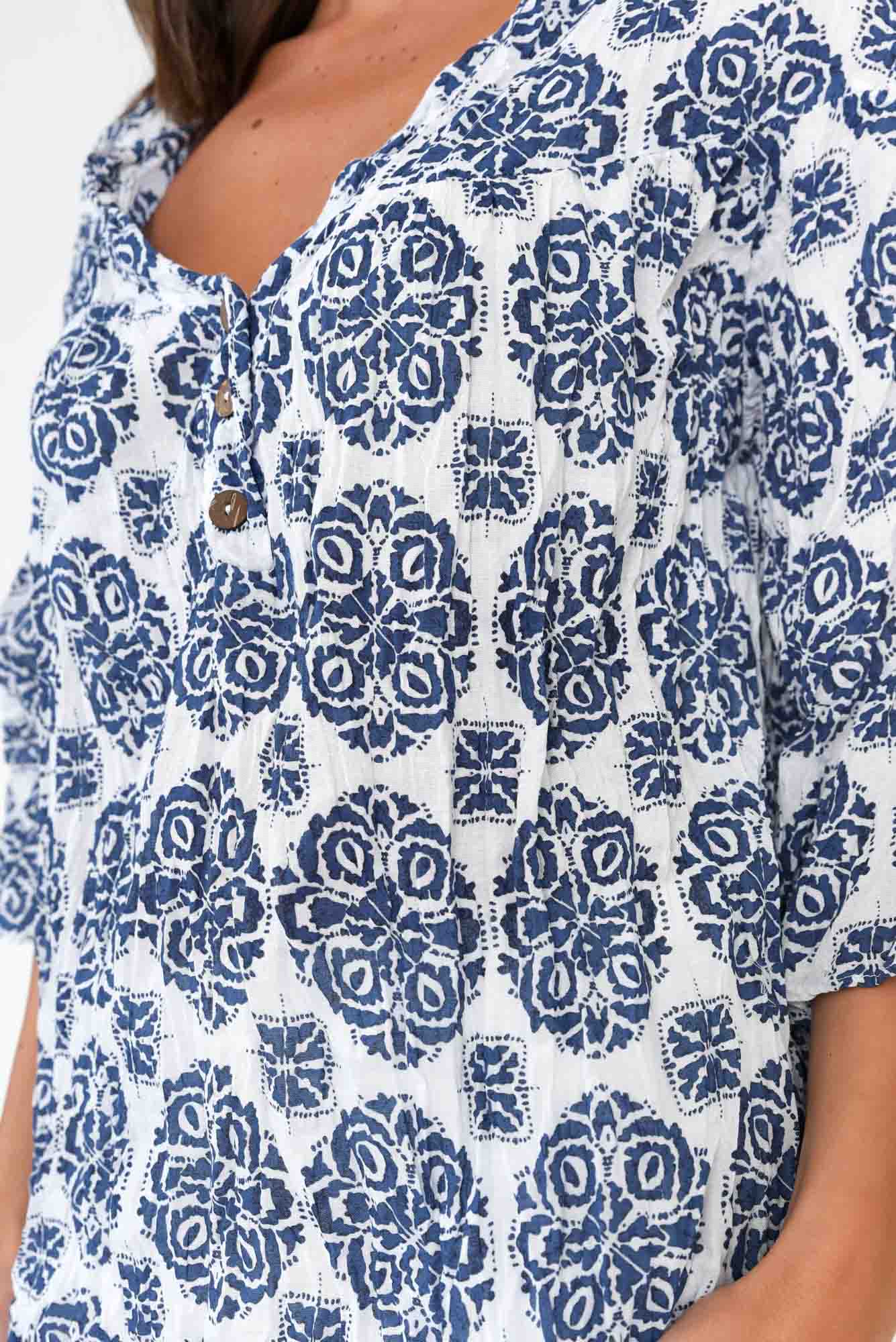 Blaise Navy Fiesta Cotton Button Top