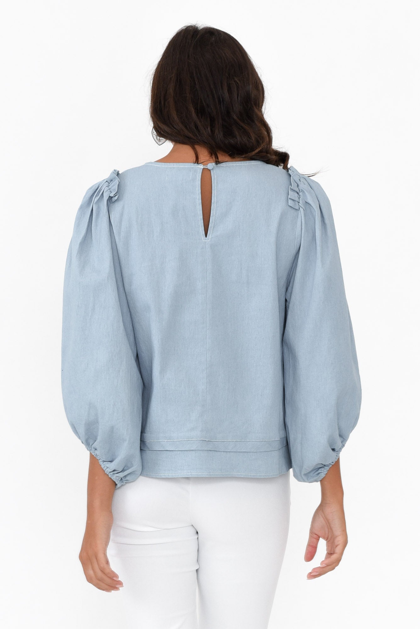 Ferguson Light Blue Cotton Blend Frill Top